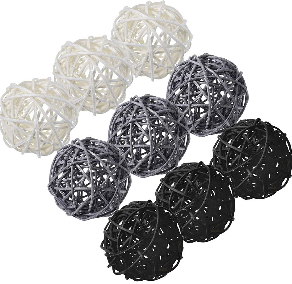 9-Piece 3-Inch Wicker Ball Decor Set - Natural Rattan Balls for Home Decor, DIY Vase Filler, Nursery & Wedding Table Centerpieces (White, Grey, Black) - Perfect for Boho, Farmhouse & Rustic Interior Styling