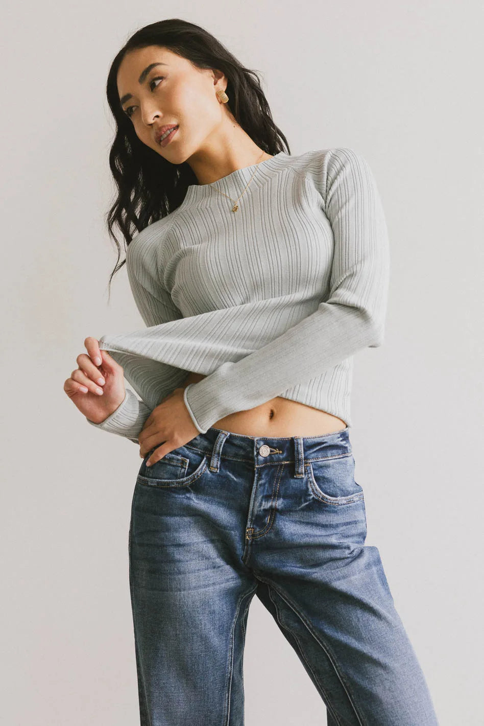 Azizi Ribbed Top for Women - Soft Stretch Dusty Blue Casual Shirt for Everyday Wear | Perfect for Layering, Office, and Weekend Outfits