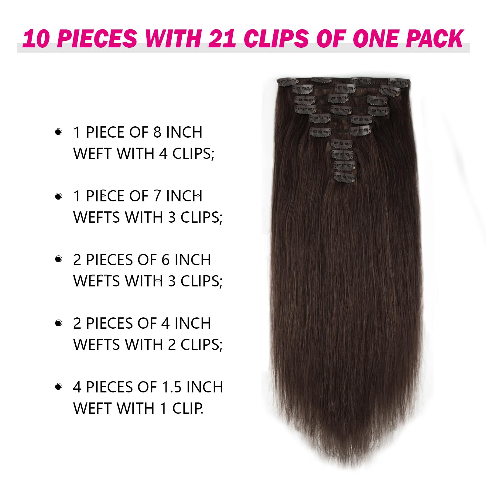 SixStar Clip In Hair Extensions 20 Inch Dark Brown - 180g Remy Human Hair Weft, Silky Straight Clip On Hair Extensions for Length & Volume | Perfect for Parties, Weddings & Everyday Styling