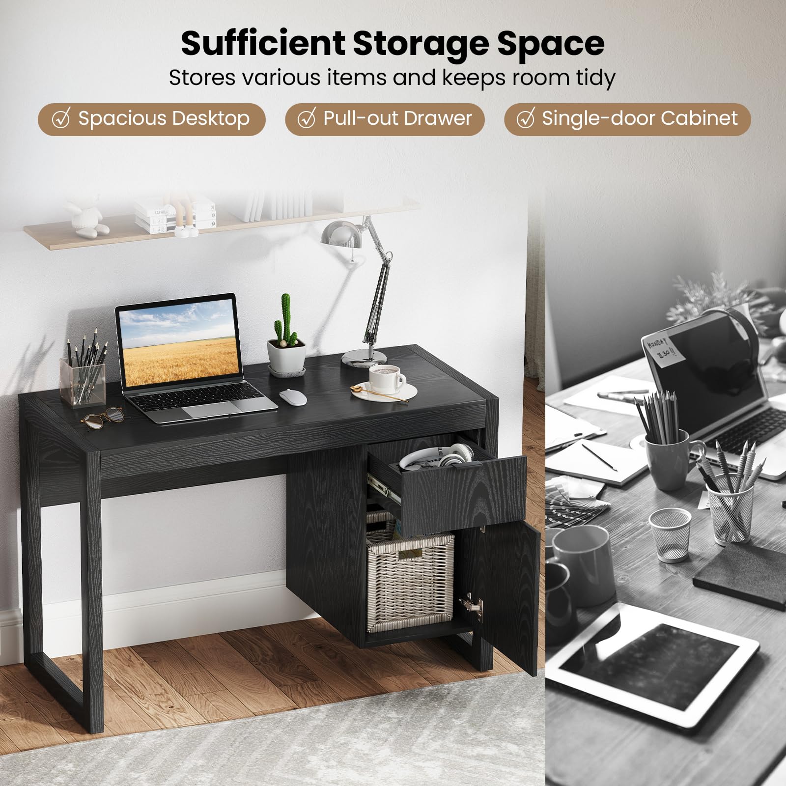 Tangkula White Wooden Computer Desk with Storage Cabinet & Drawer - Home Office Desk with Smooth Surface for PC Laptop Workstation, Study & Writing | Perfect for Small Spaces, Dorm Rooms & Home Offices (Black)