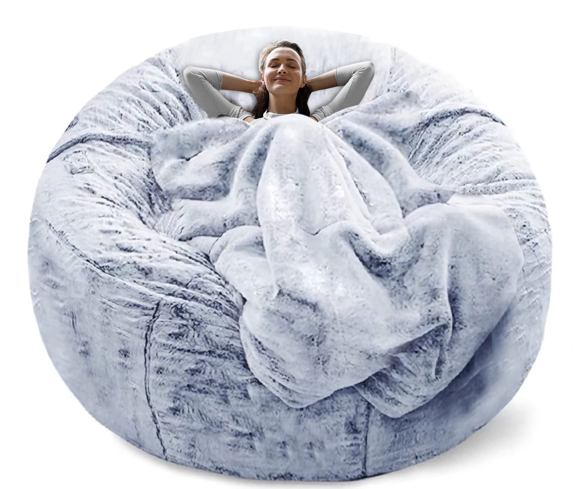 RAINBEAN 6ft Bean Bag Chair Cover Only (Not Full Bean Bag) - Soft Fluffy PV Velvet Replacement Slipcover for Round Lounge Chair, Sofa Bed & Living Room Furniture - Snow Blue | Perfect for Relaxing, Gaming & Movie Nights