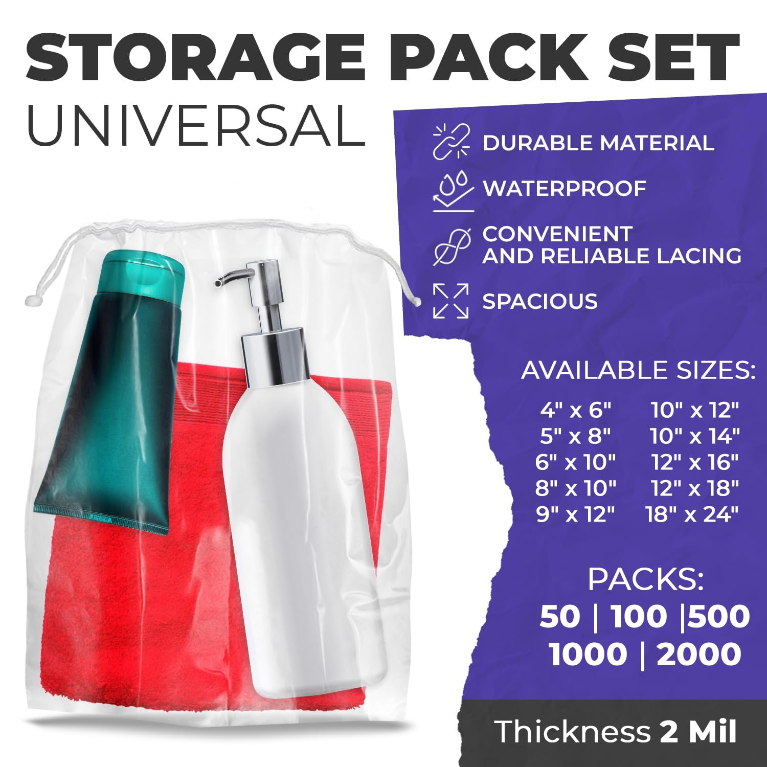 Disposable PE Drawstring Bags 2 Mil Thickness with Double Cotton Drawstrings - Perfect for Travel, Storage & Organization