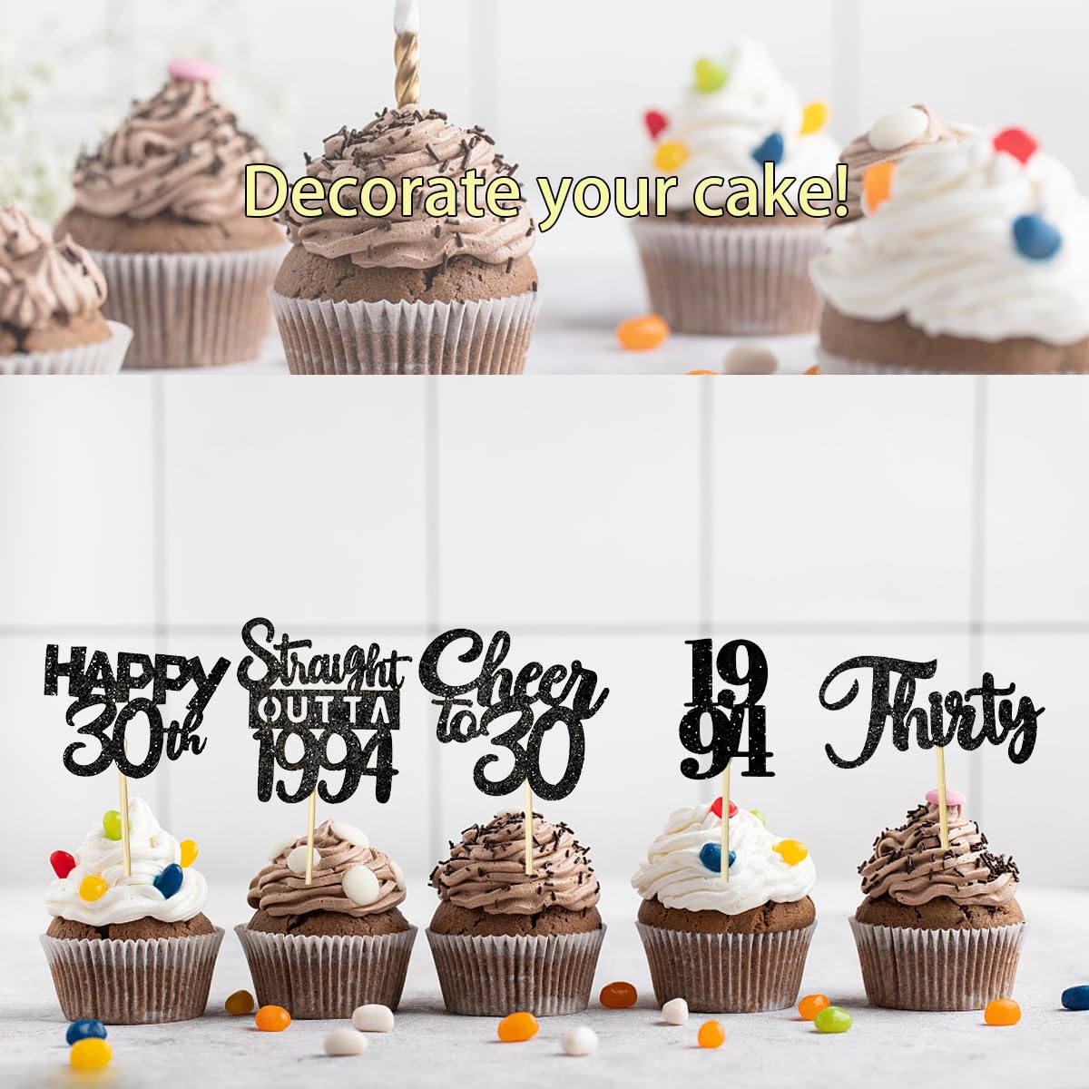 30PCS 30th Birthday Cupcake Toppers - Gold & Black Party Decorations for Men & Women - 1994 Themed 30th Birthday Party Supplies - Perfect for Anniversary Celebrations & Milestone Parties