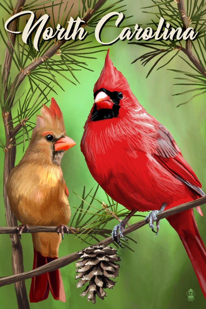 North Carolina Cardinals Summer Landscape Art Print - 24x36 Signed Wall Decor Poster for Living Room, Bedroom & Office