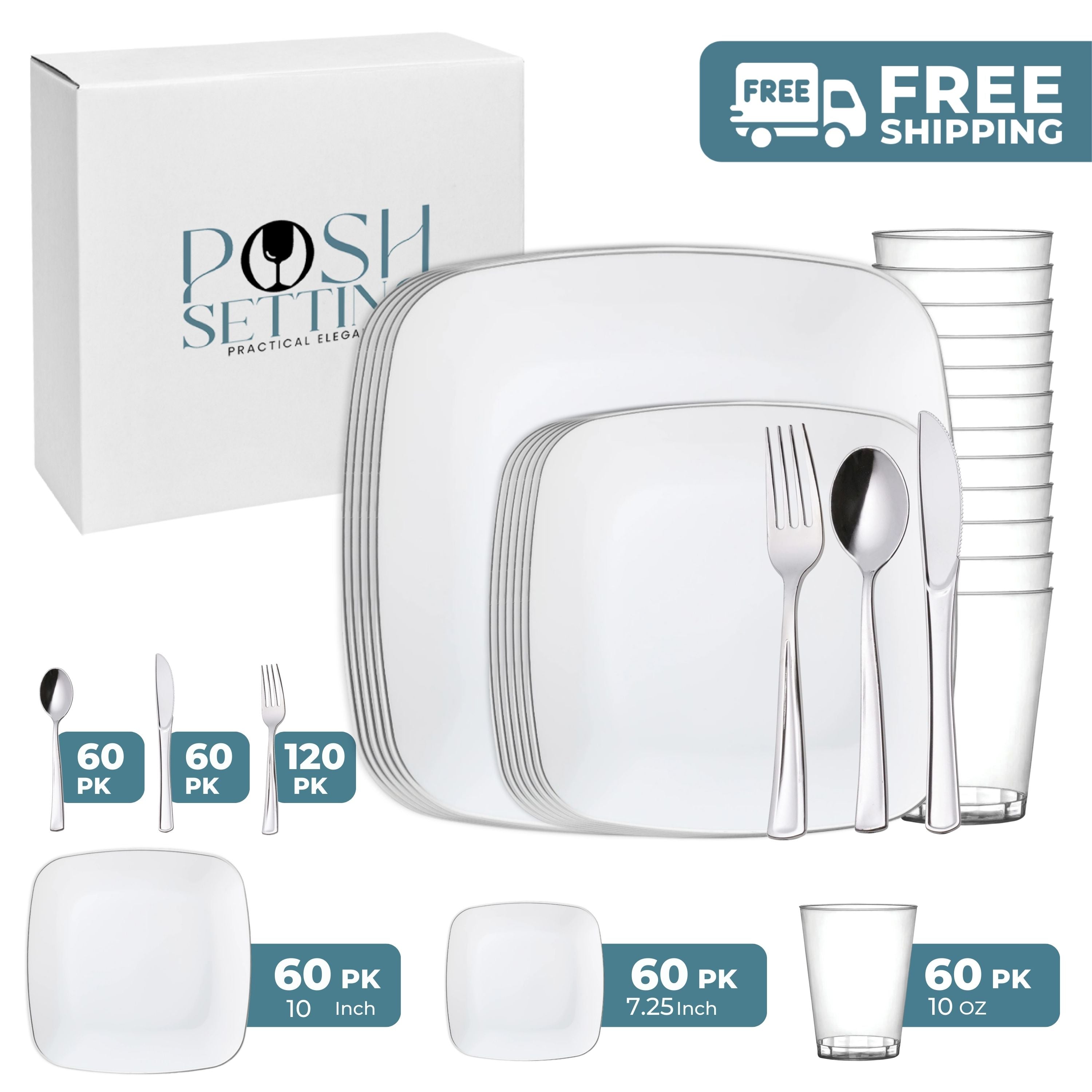 White and Silver Plastic Party Bundle - Classic Square Disposable Plates, Cups, and Cutlery Set for Birthday, Wedding, and Holiday Celebrations