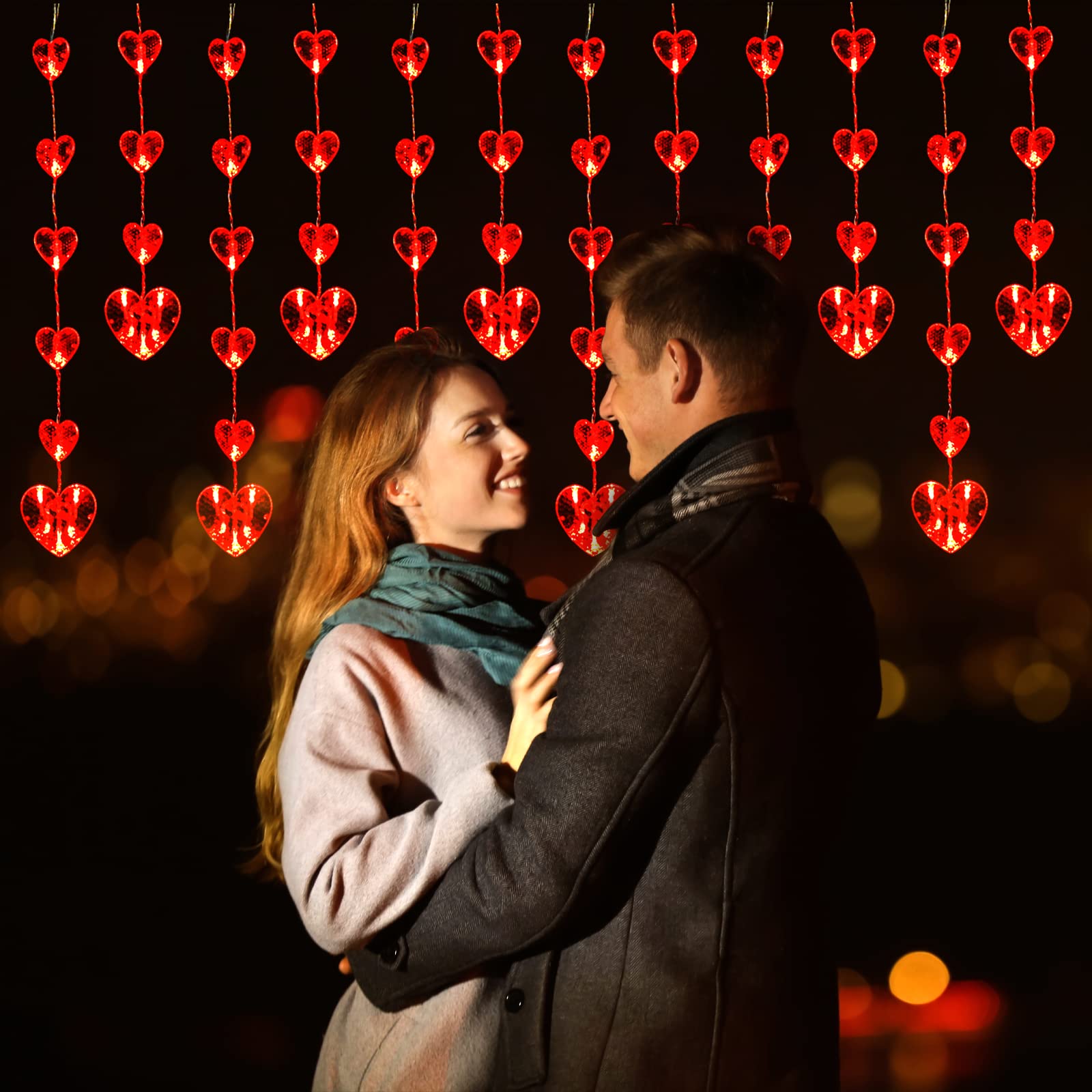 108 LED Red Heart-Shaped Hanging String Lights with Remote & Timer - 8 Flashing Modes for Valentine's Day Decorations | Romantic Window & Curtain Lights for Bedroom, Party, Wedding