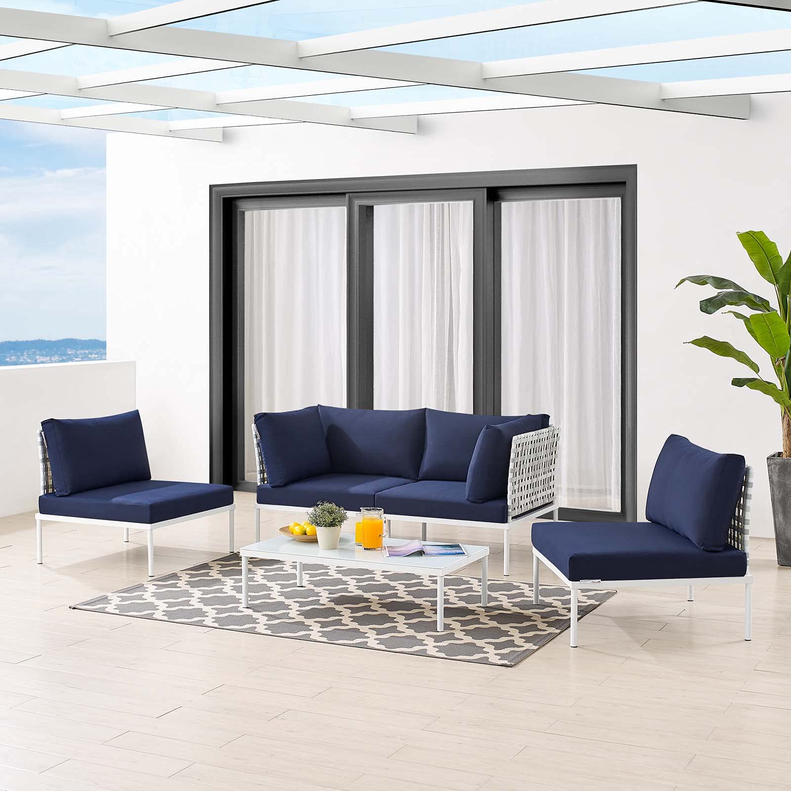 Modern Navy Blue Aluminum Lounge Sectional Sofa Set with Table - Outdoor Patio Furniture for Garden, Cafe, Backyard & Poolside Relaxation