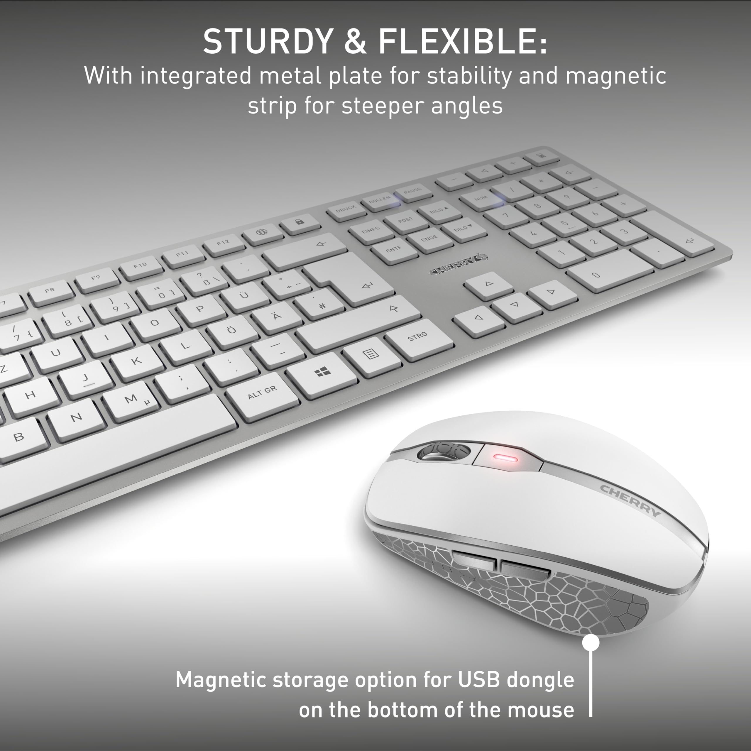 CHERRY DW 9100 SLIM Wireless Keyboard and Mouse Set - Bluetooth & 2.4GHz RF Rechargeable Desktop Combo with Quiet Keys, Flat Design (UK QWERTY Layout, Silver/White) for Office, Home & Gaming Use