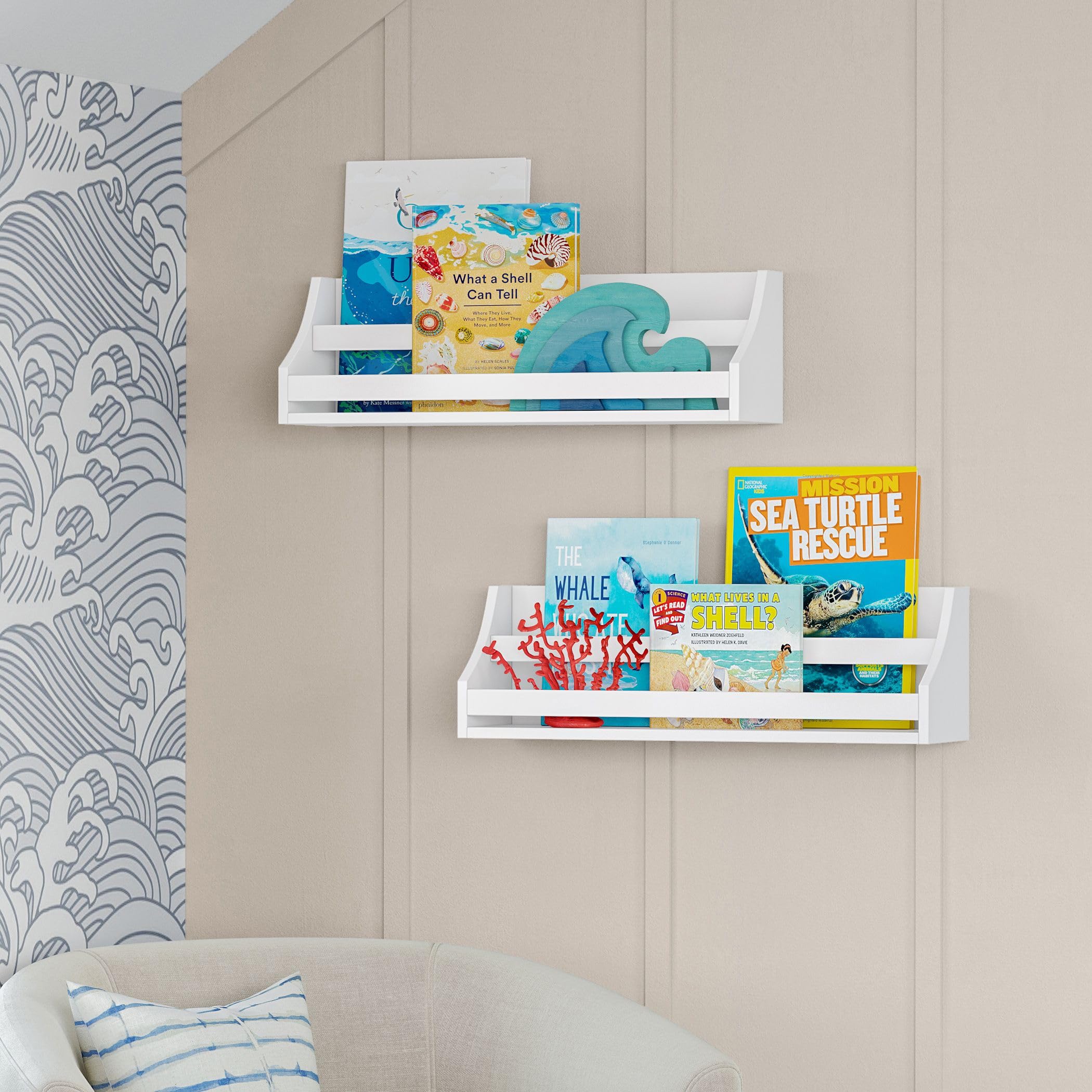 RiverRidge Kids Book Nook Wall Bookshelf Set (2 Pack) - White Floating Shelves for Nursery, Playroom & Living Room - Spacious Book Storage for Children's Books, Photo Albums & Keepsakes - Easy to Assemble & Mount - Perfect for Bedroom Decor, Classroom Organization & Gift Ideas