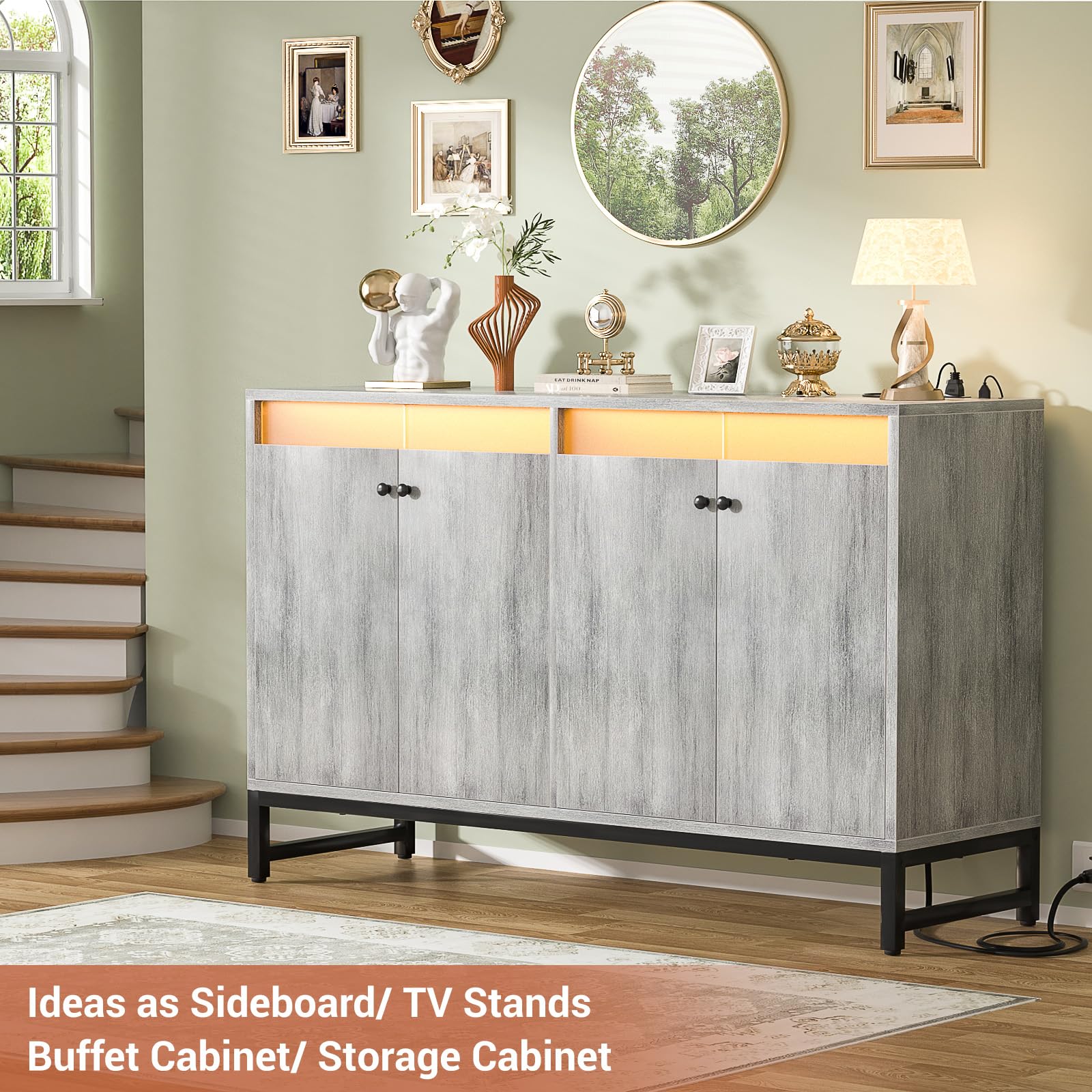 Aheaplus Modern Sideboard Buffet Cabinet with Built-in Power Outlet & LED Lighting - Kitchen Storage Cabinet with Doors - White Oak Accent Cupboard for Dining Room, Living Room, Hallway - Perfect for Entertaining Guests & Stylish Home Organization