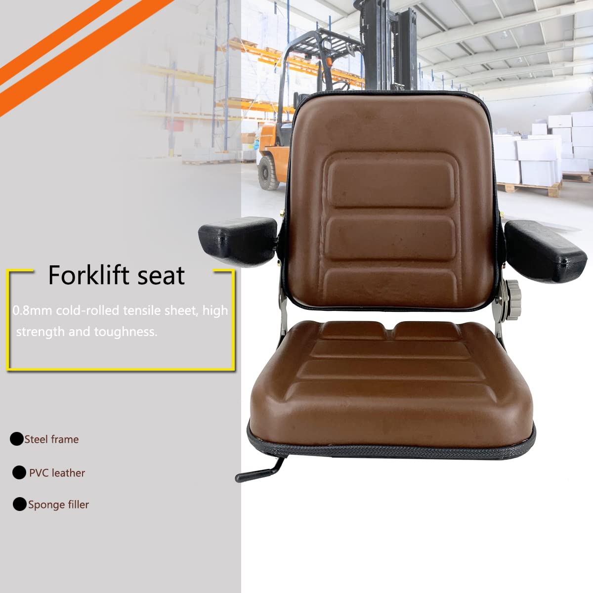 Universal Forklift Seat Replacement - Adjustable Brown Tractor Seat with PVC Cover, Foldable Design & Armrests | Fits Forklifts, Tractors, Skid Steers | Perfect for Construction, Farming & Industrial Equipment Comfort
