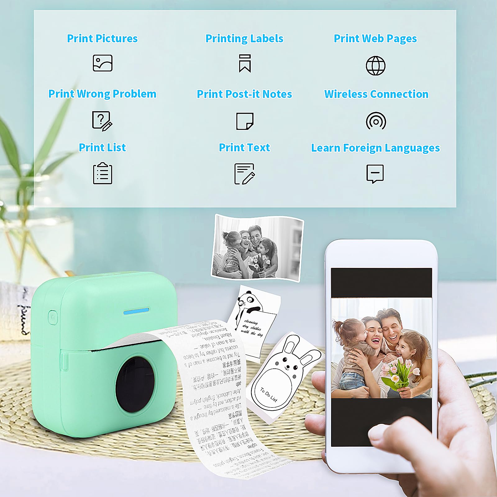 HuiJuKeJi Mini Sticker Printer - Portable Bluetooth Thermal Printer for iOS & Android with 11 Rolls Inkless Paper - Print Photos, Receipts, Journals, Notes & Memos - Perfect for DIY Crafts, Scrapbooking & Home Organization (Green)