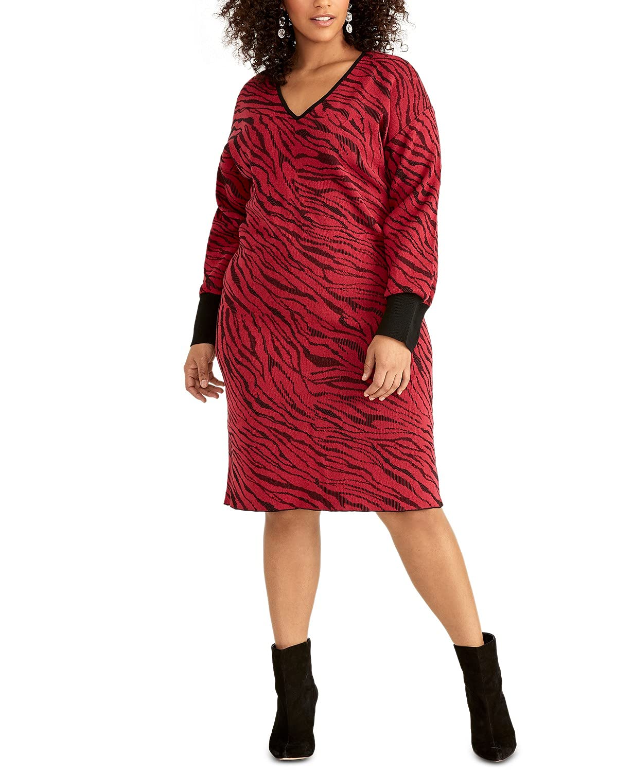 Rachel Roy Trendy Plus Size Bernadette Sweater Dress - Redwood Combo | Women's Casual Knit Dress for Fall & Winter | Perfect for Office, Date Night & Holiday Parties