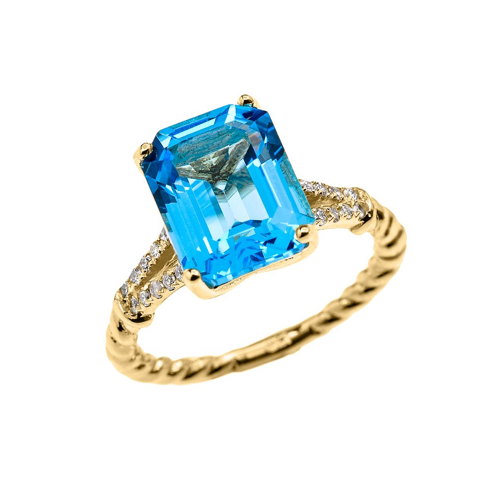 10K Yellow Gold Dainty Diamond & Emerald Cut Solitaire Blue Topaz Rope Design Engagement Ring - Perfect for Proposals, Anniversaries & Special Occasions