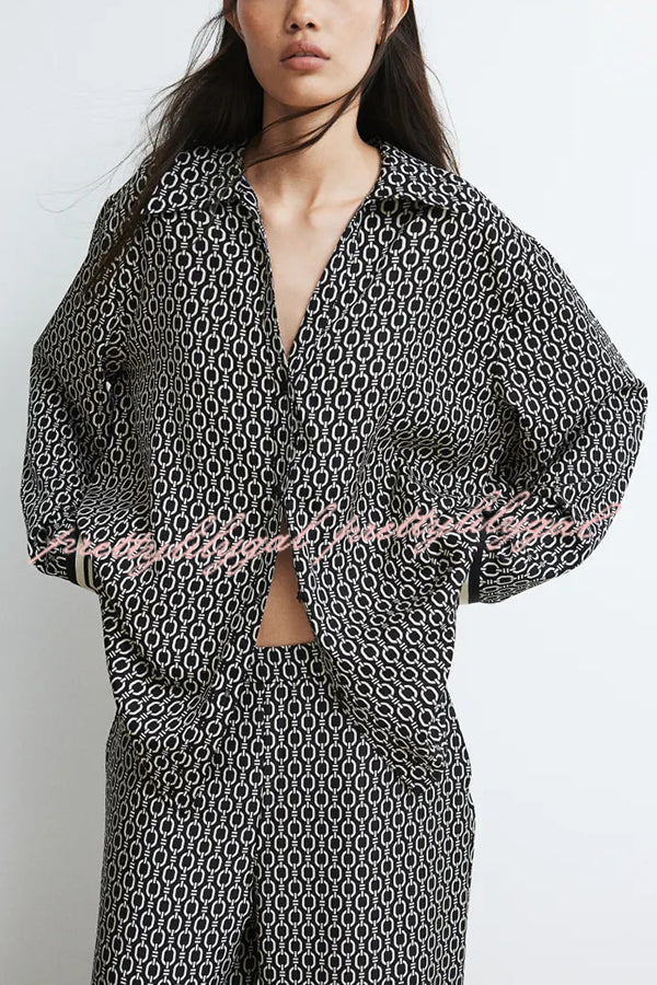 Stylish Printed Lapel Long Sleeve Blouse with Elastic Waist Casual Pants Set - Women's Loose Fit Wide Leg Trousers & Pocket Details for Office, Travel and Everyday Wear