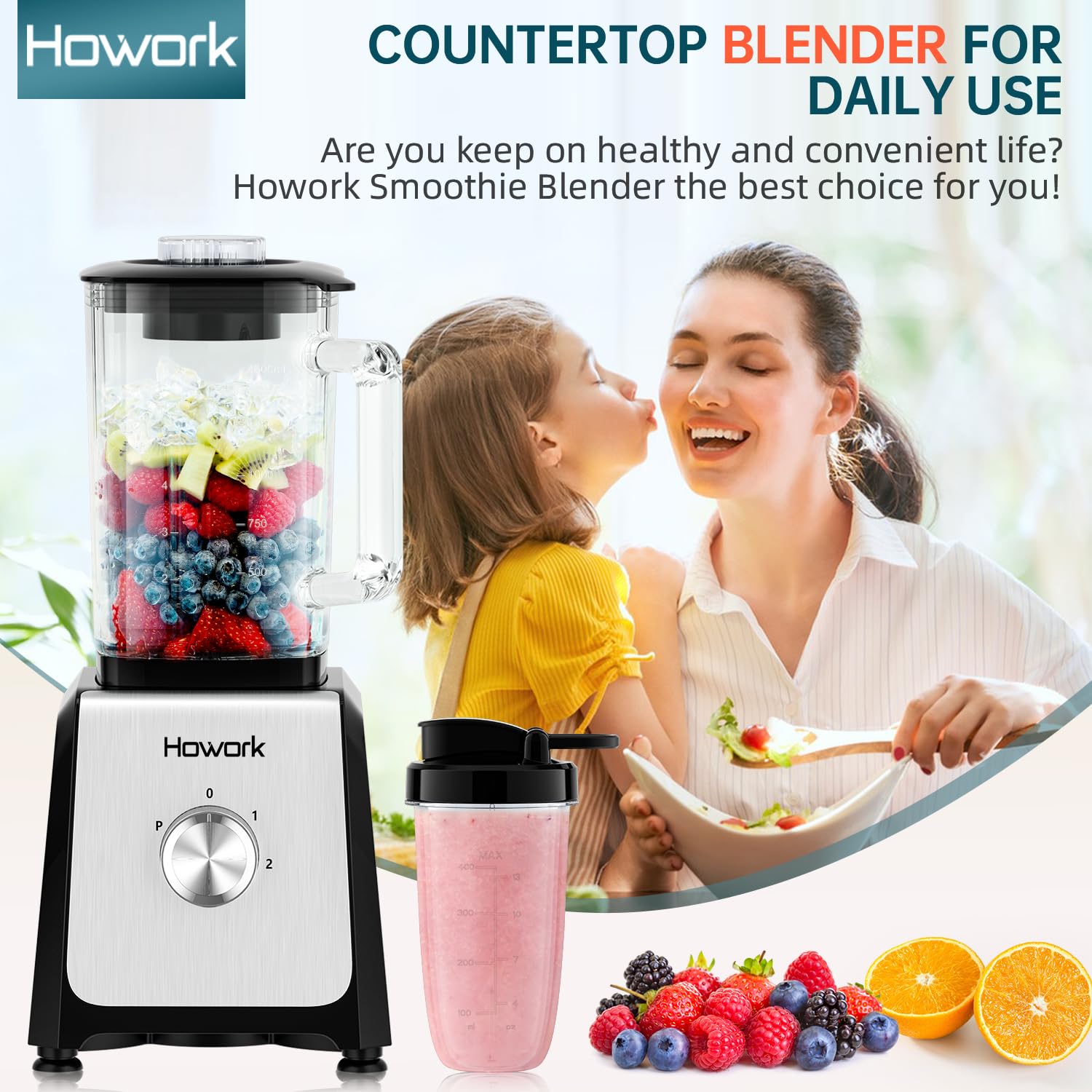 HOWORK 750W High-Speed Blender with 56oz Glass Jar & 16oz Portable Cups - 3 Functions for Smoothies, Frozen Drinks & Ice Cream - Perfect for Home Kitchen, Gym & Office Use