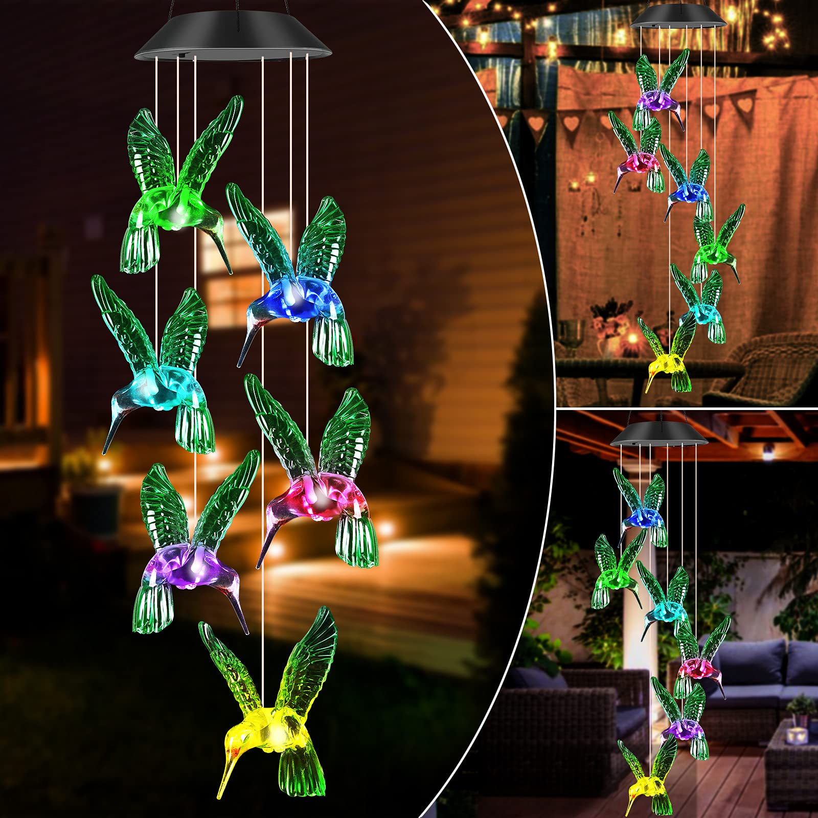 Solar Hummingbird Wind Chime Lights - 3.5x4.5 Inch Outdoor Garden Decor, Solar Powered Decorative Mobiles for Patio, Yard & Lawn - Perfect Gift for Mom, Women, Grandmother - Thanksgiving, Birthday & Housewarming Present - Creates Relaxing Ambiance for Outdoor Spaces