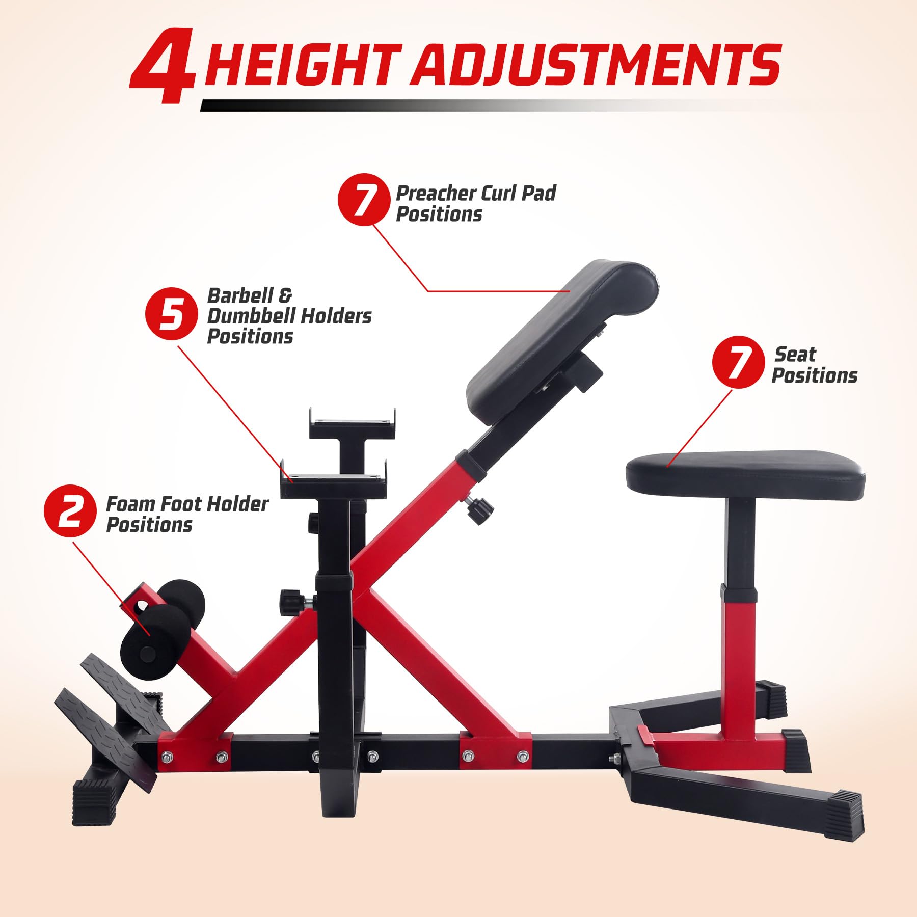 GARVEE 2-in-1 Roman Chair & Preacher Curl Bench - Adjustable Height Hyperextension Bench for Home Gym - Arms, Abs, Back, Glutes & Leg Workout Equipment - Heavy Duty Multi-Functional Fitness Bench (Red) - Perfect for Home Workouts, Strength Training & Core Exercises