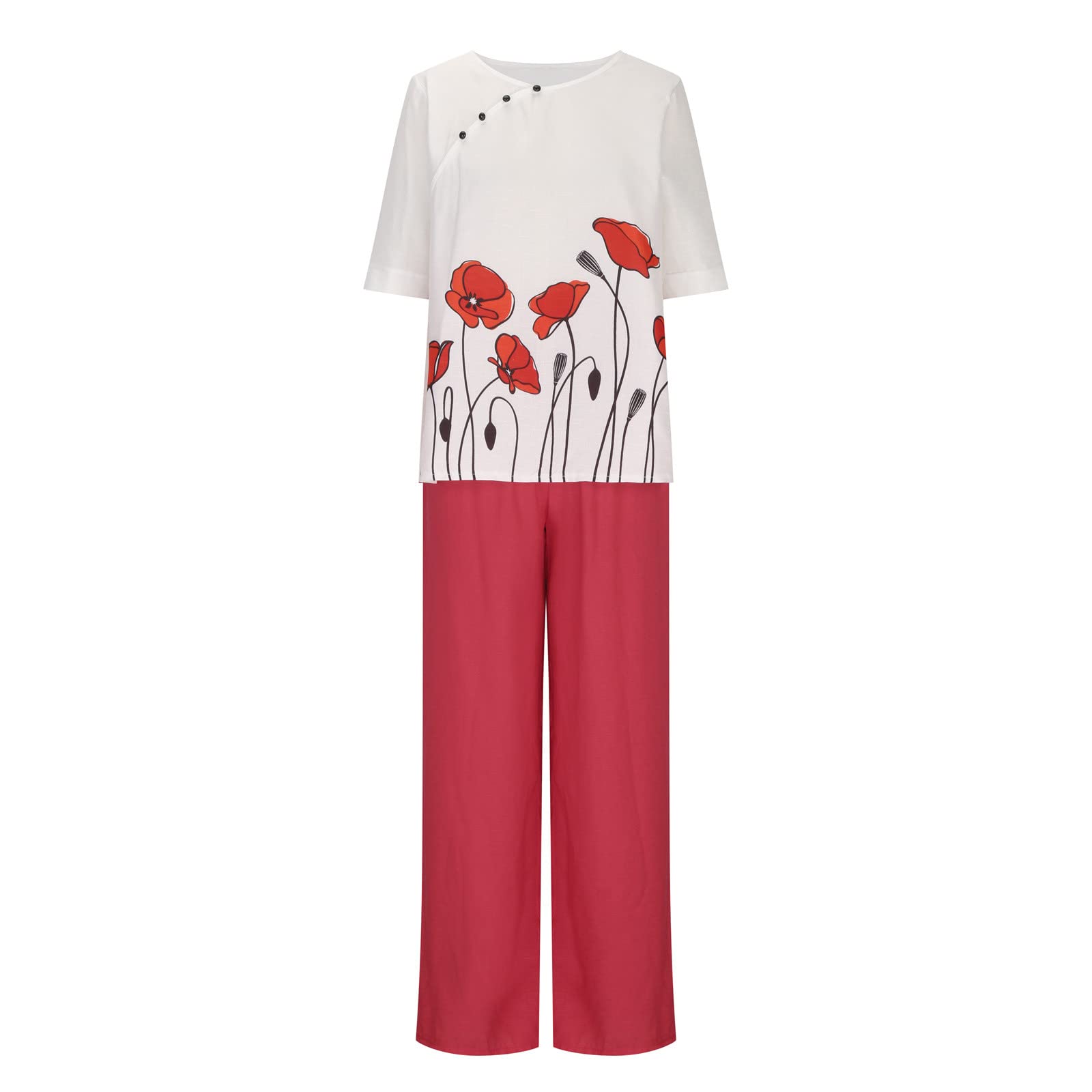 Women's Summer Linen Lounge Set - 2 Piece Outfit with Half Sleeve T-Shirt & Cotton Linen Pants | Plus Size Vacation Wear for Beach, Travel & Relaxation