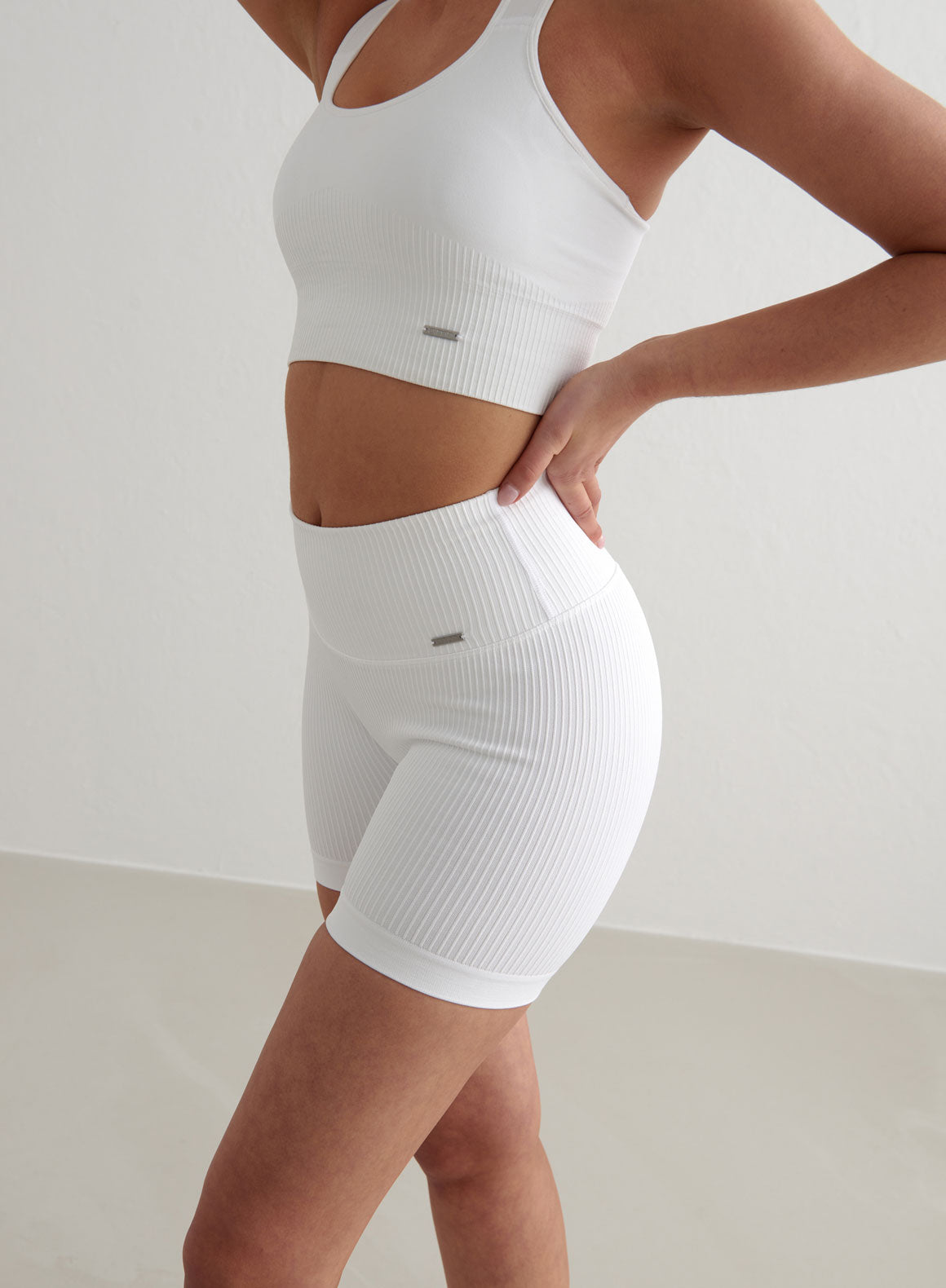White Ribbed Midi Biker Shorts for Women - High Waist Yoga Cycling Workout Shorts - Perfect for Gym, Running, and Casual Wear