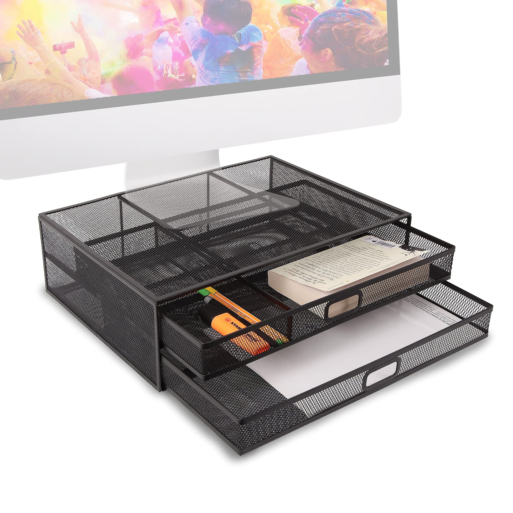 Duronic DM073 Metal Monitor Stand Riser with Storage Drawers - Ergonomic Laptop & Computer Screen Platform Desk Organizer - 40x30cm Black Office Shelf for PC Monitor (10kg Capacity) - Perfect for Home Office, Gaming Setup & Workspace Organization