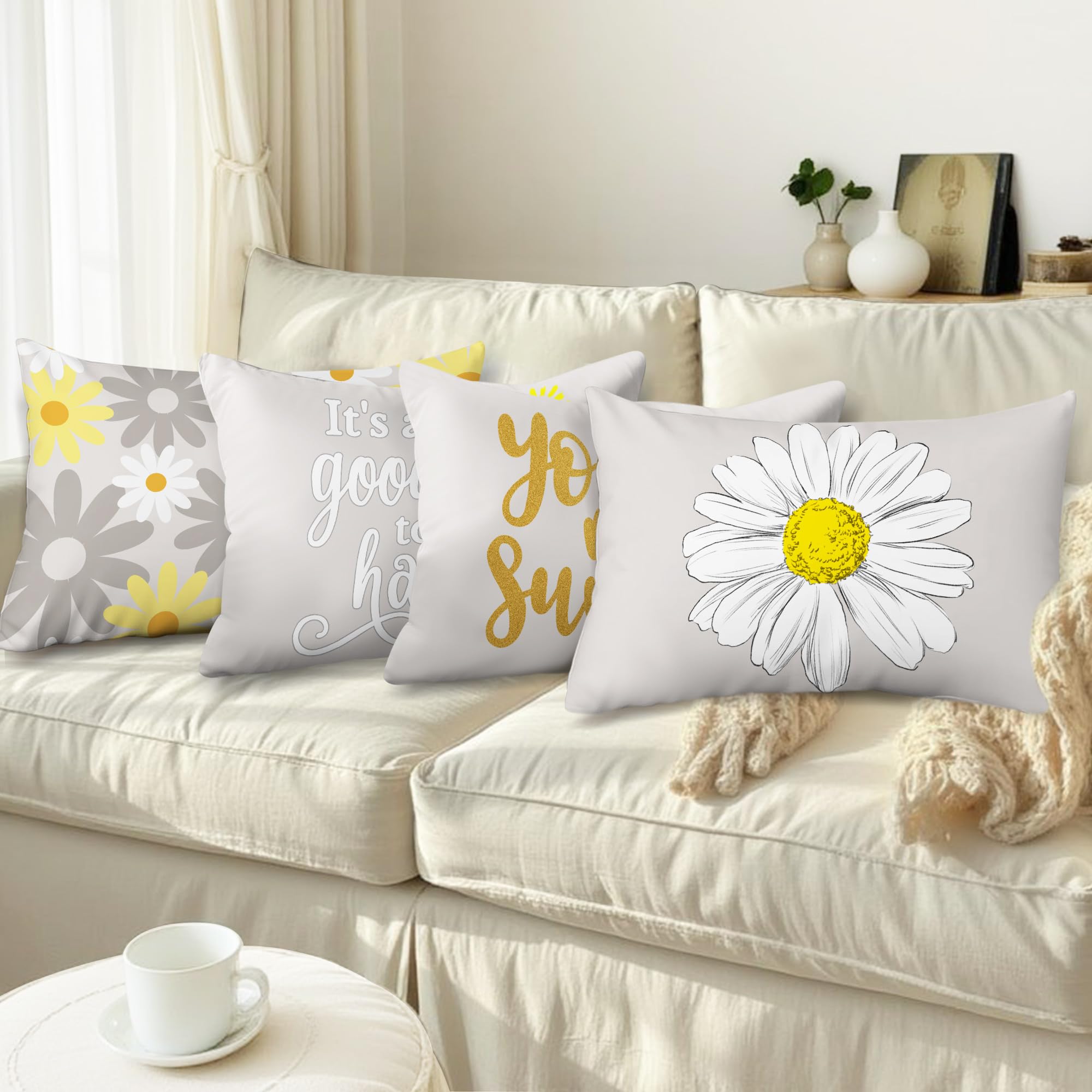 Hexagram Spring Summer Pillow Covers Set of 4 - 12x20 Inch Yellow Grey Decorative Throw Pillow Covers with Sunflower Design for Living Room, Bedroom & Outdoor Decor