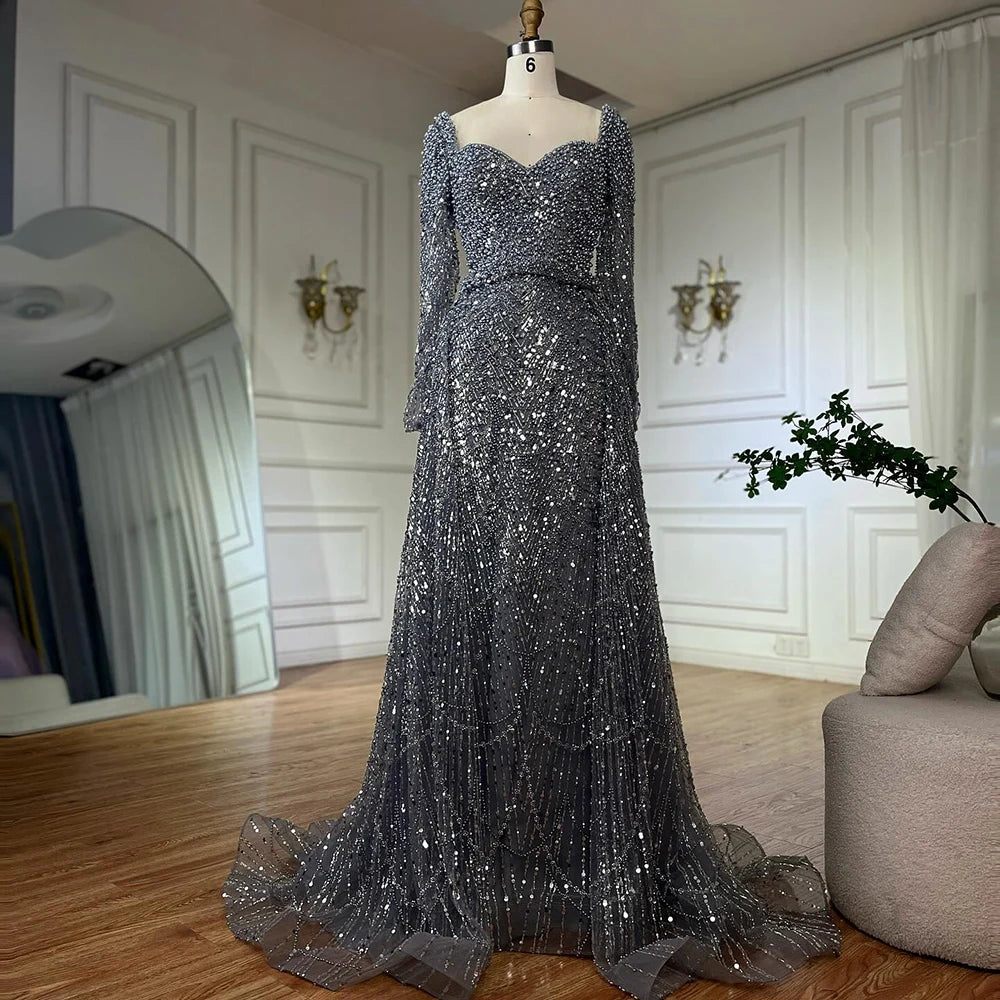 Elegant Dubai Saudi Arabic Gray Mermaid Beaded Evening Gown with Overskirt for Formal Occasions - LA72849 | Perfect for Weddings, Galas, and Special Events