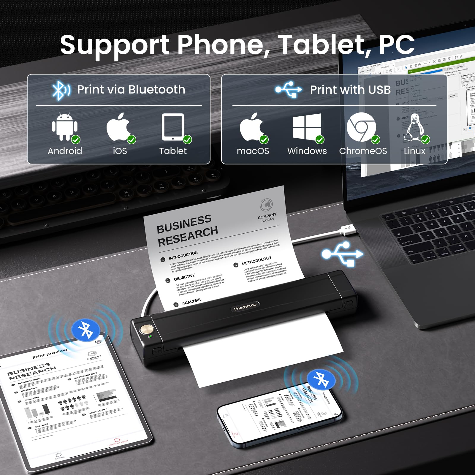 Phomemo M08E Portable Bluetooth Thermal Printer - Wireless Inkless Printer for iPhone, Android, Laptop | Includes 100 Sheets 8.5