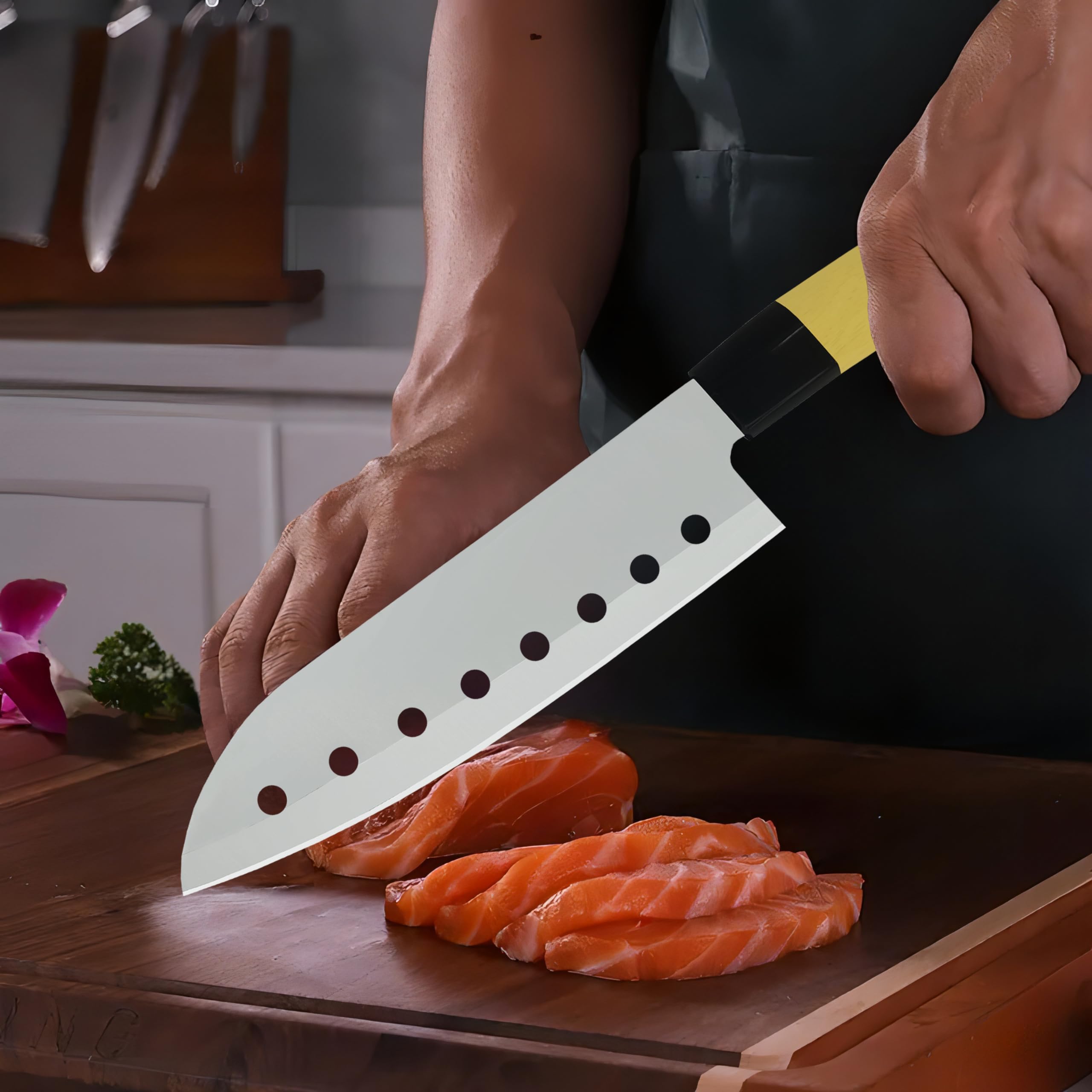 ATARC AT-135 7-Inch Japanese Santoku Knife with Non-Stick Holes - Ultra Sharp Stainless Steel Blade for Meat, Chicken, Cheese, Vegetables & Fruits - Ergonomic Handle (Yellow) - Perfect for Home Kitchen, Professional Chefs & Food Prep