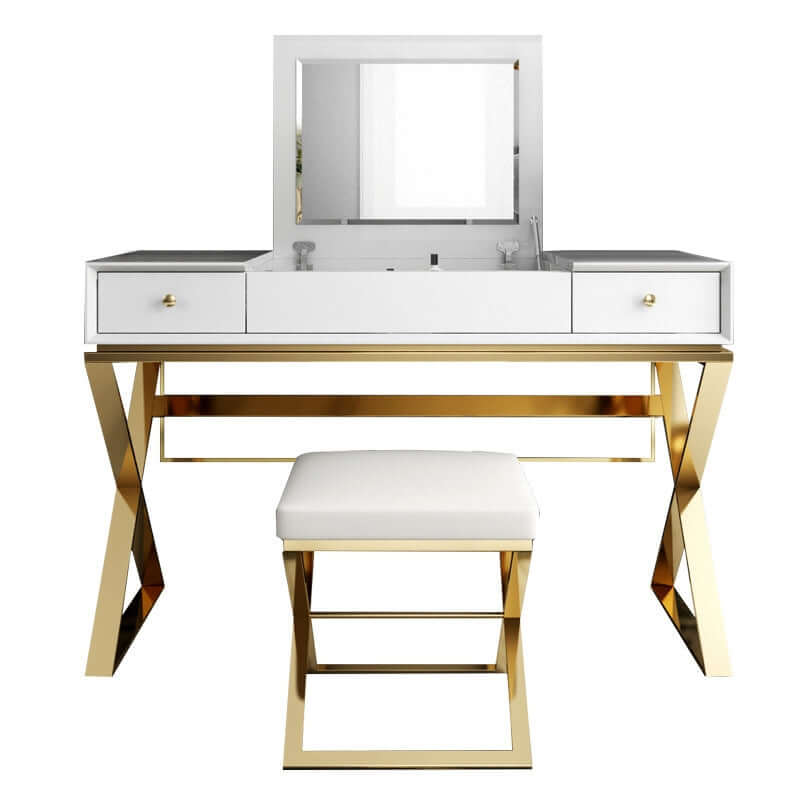 Modern 2-Drawer Wooden Makeup Vanity Set with Mirror & Stool - Gold X Base Stainless Steel | Perfect for Bedroom, Dressing Room & Beauty Salon Organization