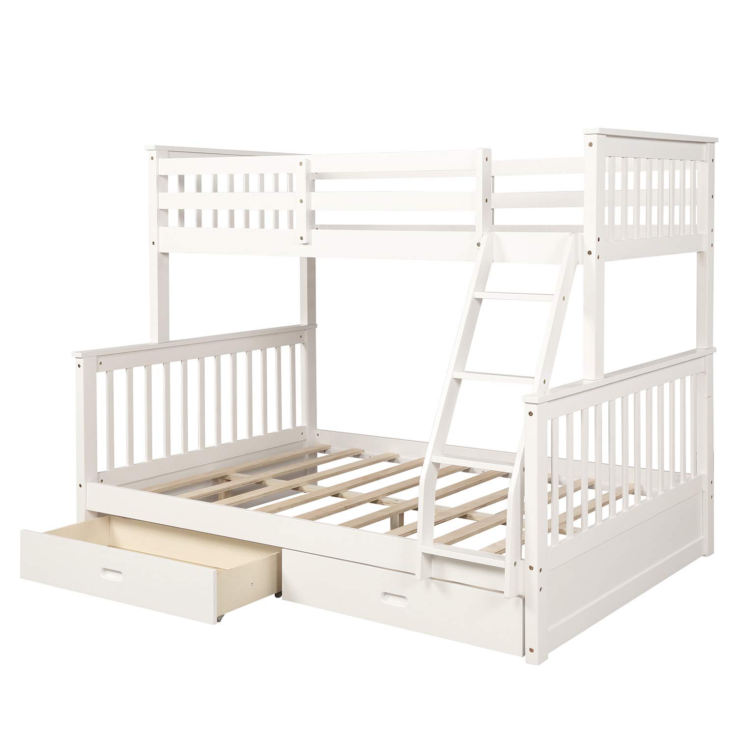 Solid Wood Twin Over Full Bunk Bed Frame with Ladders & 2 Storage Drawers - Convertible to 2 Separate Platform Beds for Kids, Teens & Adults - Perfect for Small Bedrooms, Guest Rooms & Vacation Homes (White + Twin-Over-Full)