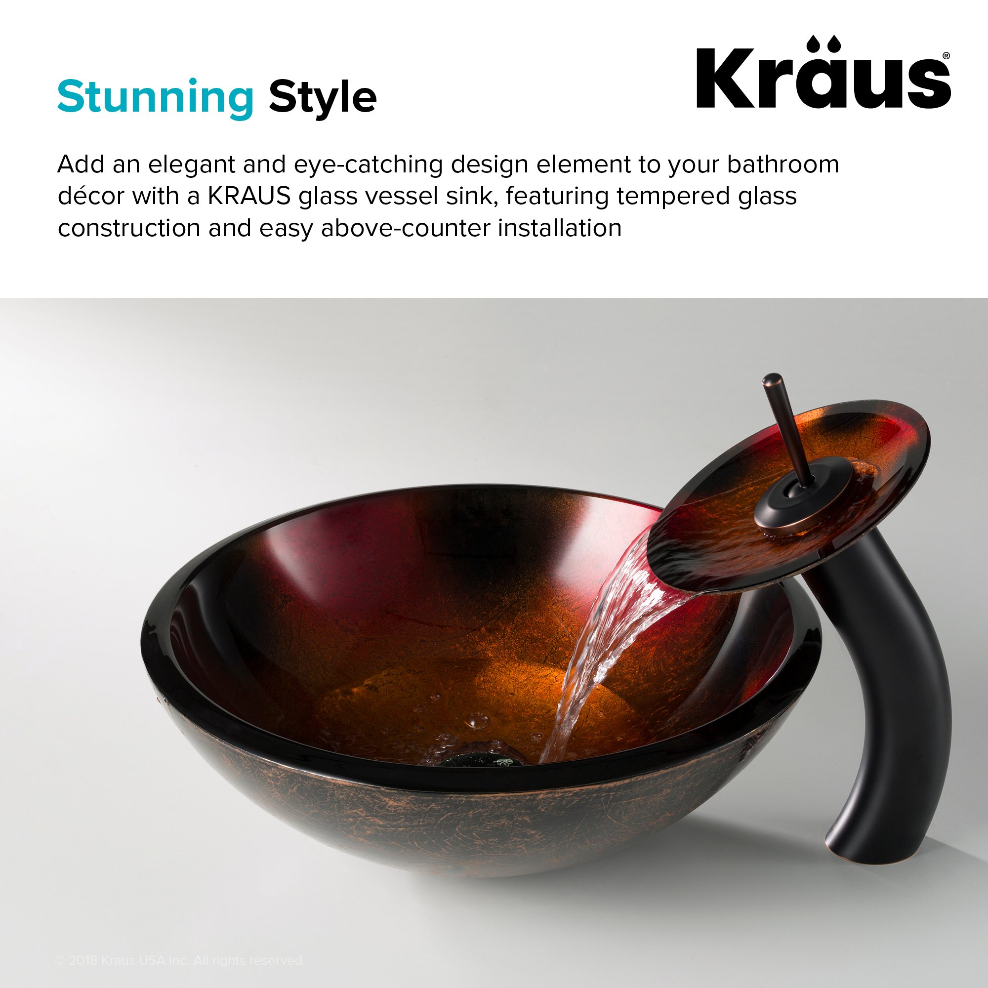 KRAUS 17-Inch Round Glass Vessel Bathroom Sink in Red, Black & Gold - Modern Vanity Basin for Bathroom Remodel & Luxury Home Decor (Model GV-680)