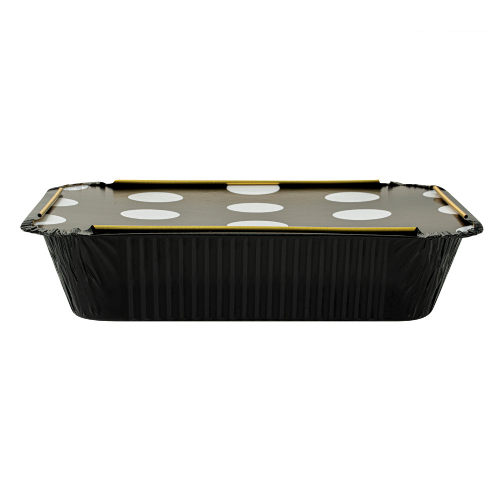16 oz Black & Gold Aluminum Takeout Containers with Polka Dot Paper Lids - 7.25