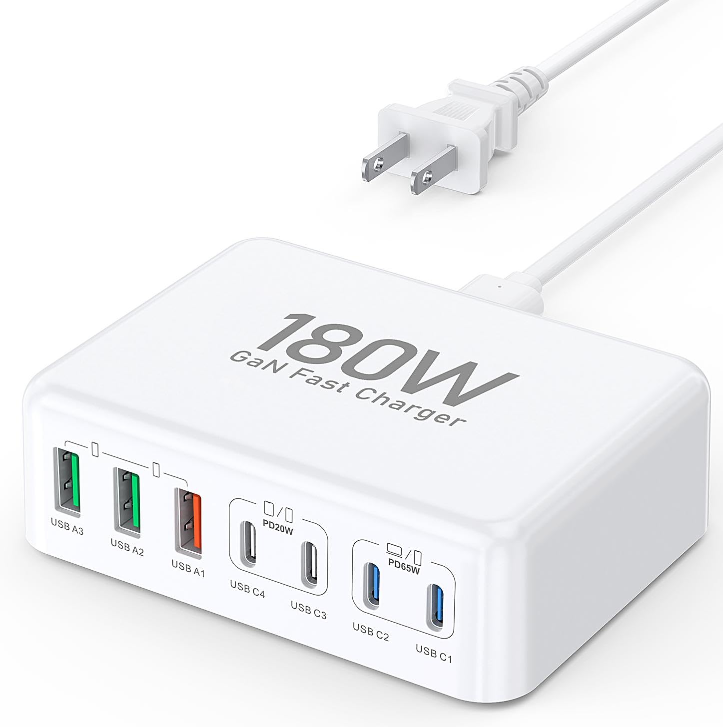 180W GaN Fast Charging Station with 7 Ports - Compact PD USB C Charger Hub for MacBook Pro/Air, iPad Pro, iPhone 15/14/13/12, Galaxy S23/Note 20, Pixel & LG | Fast Laptop Power Adapter for Home, Office & Travel