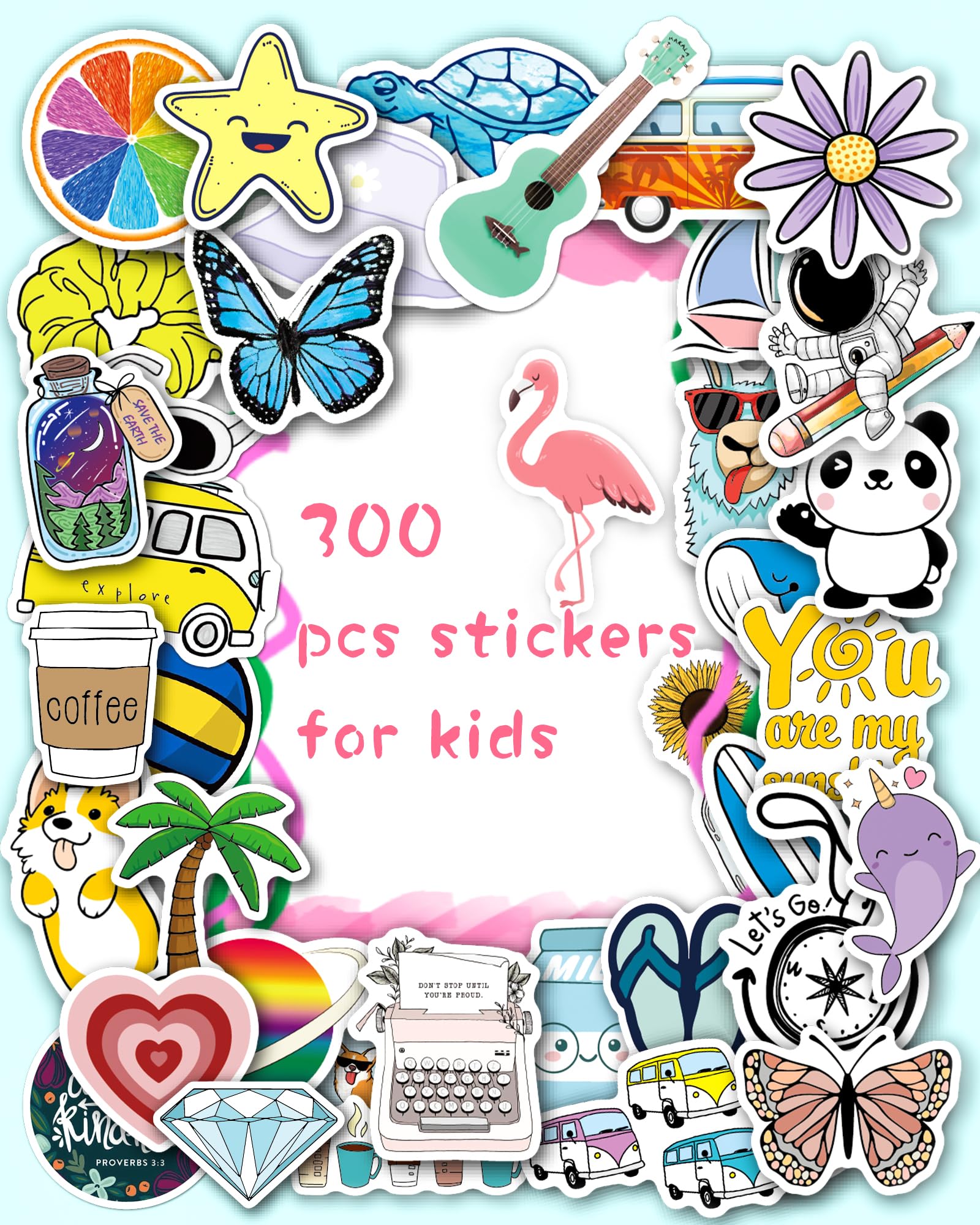 300 Pcs Cute Waterproof Vinyl Stickers for Kids & Teens - Fun Decals for Water Bottles, Laptops, Notebooks & DIY Crafts - Aowplc
