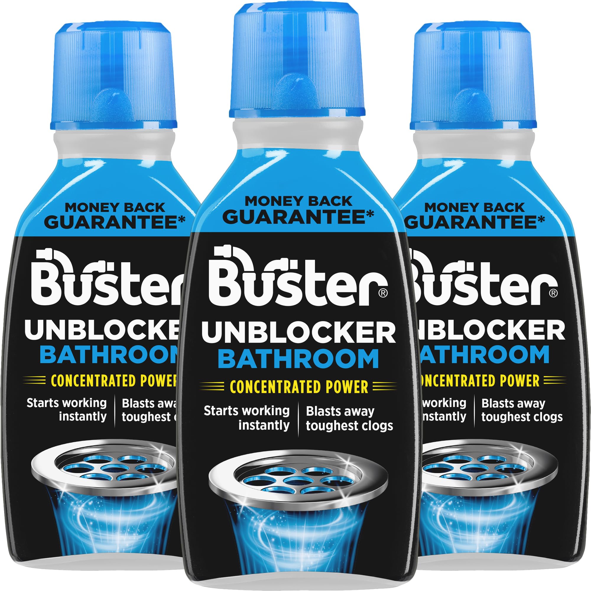Buster Bathroom Drain Unblocker 300ml (Pack of 3) - Fast-Acting Sink & Shower Drain Cleaner for Hair, Sludge & Clogs - Effective Drain Opener for Showers, Baths & Sinks - Prevents Slow-Draining Water - Perfect for Home, Apartment & Hotel Maintenance