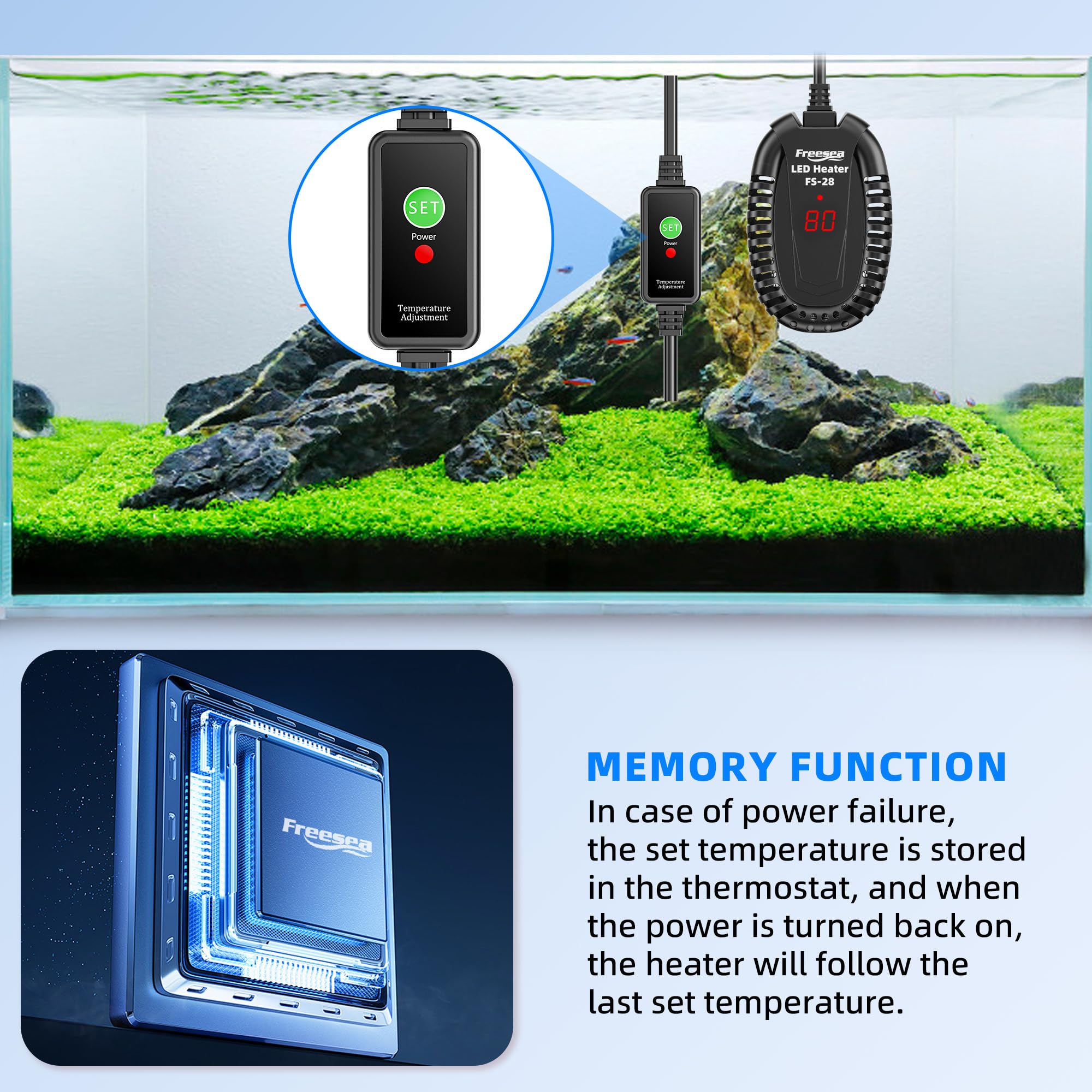 FREESEA 50W Submersible Aquarium Heater with Adjustable Temperature Controller - Perfect for Betta Fish, Turtles, Saltwater & Freshwater Tanks (1-10 Gallon) | Ideal for Home Aquariums, Fish Breeding & Pet Habitat Maintenance