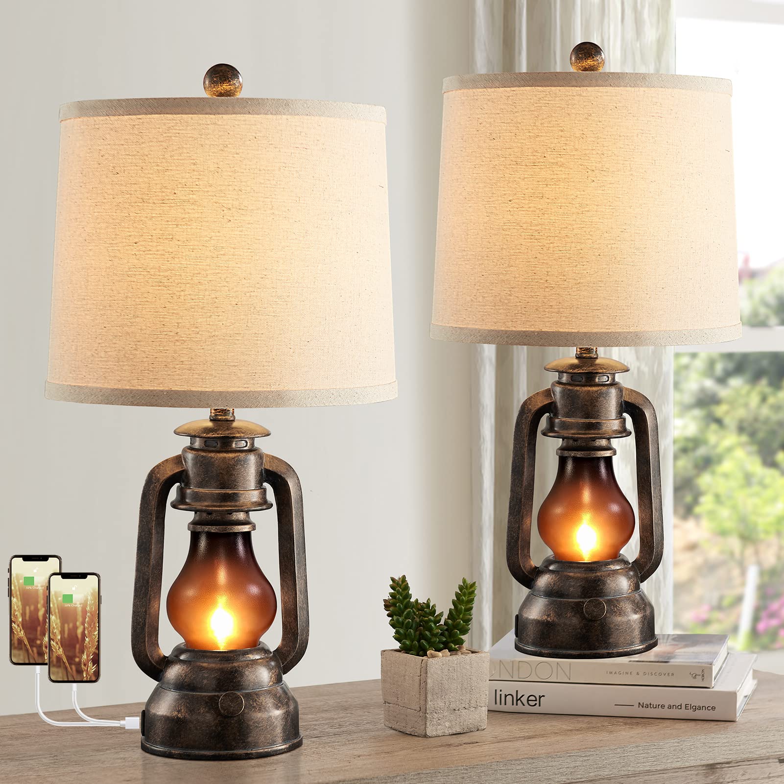 RORIANO Farmhouse Table Lamps Set of 2 - Vintage USB Charging Bedside Lamps with Linen Shade & 4 Bulbs Included - Rustic Nightstand Lighting for Bedroom, Living Room, Office - Perfect for Reading, Decor & Charging Devices