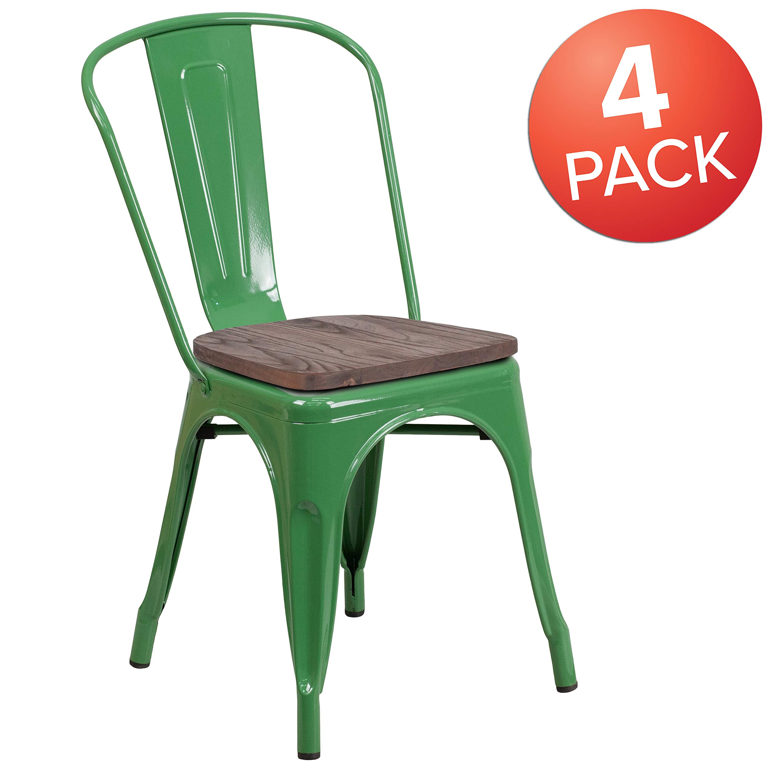4 Pack Green Metal Stackable Chairs with Wood Seat - Commercial Restaurant & Bistro Chairs - Durable Indoor Outdoor Dining Chairs for Cafe, Patio, Kitchen, and Home Decor