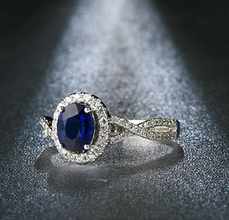 2 Carat Oval Cut Blue Sapphire & Diamond Moissanite Halo Engagement Ring in 14K White Gold - Perfect for Proposals, Weddings & Anniversary Gifts