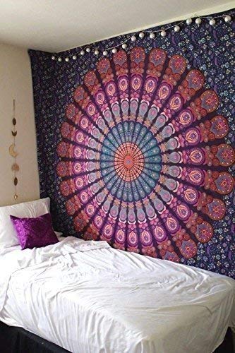 GDONLINE Large Lavender Indian Mandala Tapestry - Bohemian Peacock Feather Wall Hanging, Psychedelic Wall Art for Dorm Decor, Beach Throw, Meditation Room & Festival Decor (90x84 Inches)