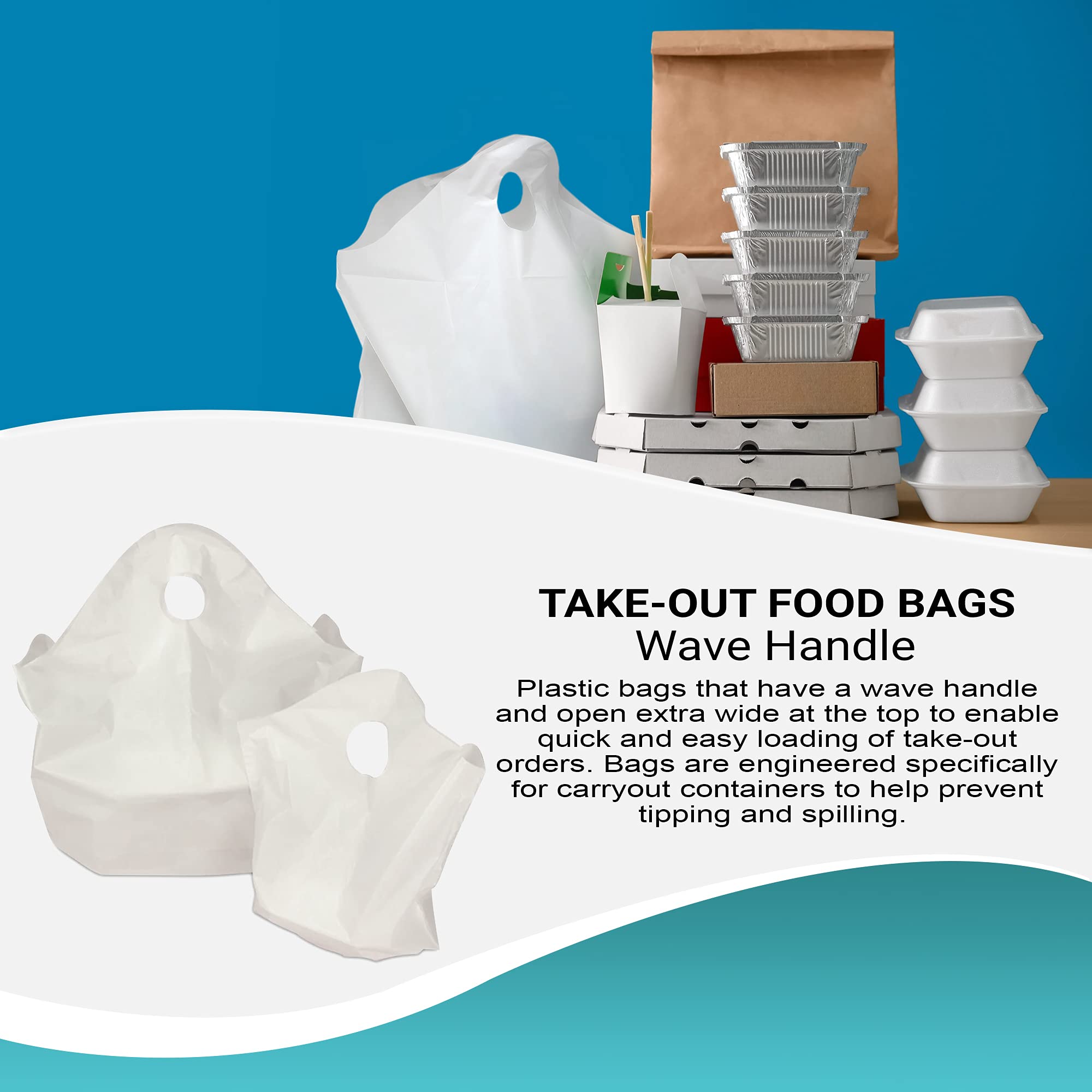 APQ 500-Pack White Take Out Bags with Wave Top Handle 19x18+9.5 BG - Unprinted Merchandise Bags for Retail Shopping & Food Service - Perfect for Restaurants, Bakeries, Parties & Gift Packaging