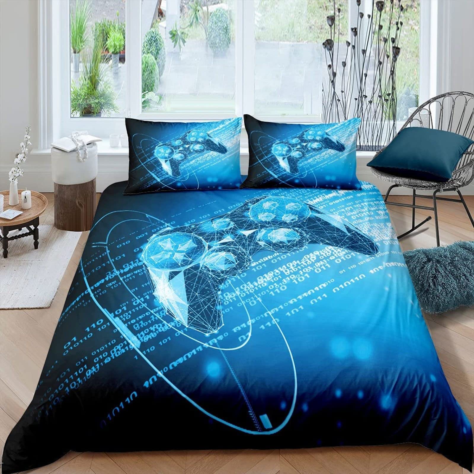 King Size Blue Gamepad Duvet Cover Set - 104x90 Inches Microfiber Comforter Cover with Zipper Closure & 2 Pillow Shams (20x36 Inches) - Breathable, Comfortable Bedding for Adults and Kids - Perfect for Gaming Rooms, Teen Bedrooms and Cozy Sleep