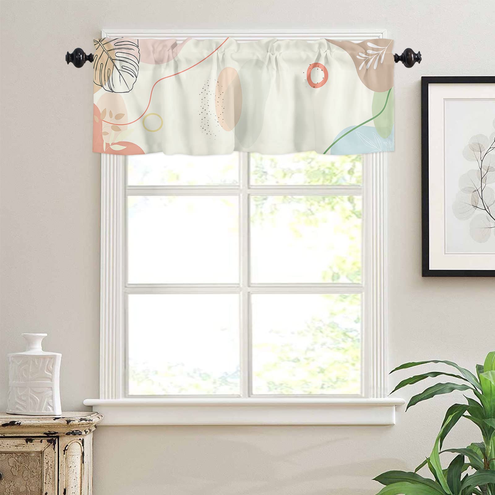 Modern Simple Abstract Boho Leaf Block Print Rod Pocket Window Valance Curtain Panel - Kitchen & Cafe Curtain Topper for Small Windows, Home Decor, Drape Treatment | Perfect for Boho Chic, Farmhouse & Minimalist Interior Design Styles