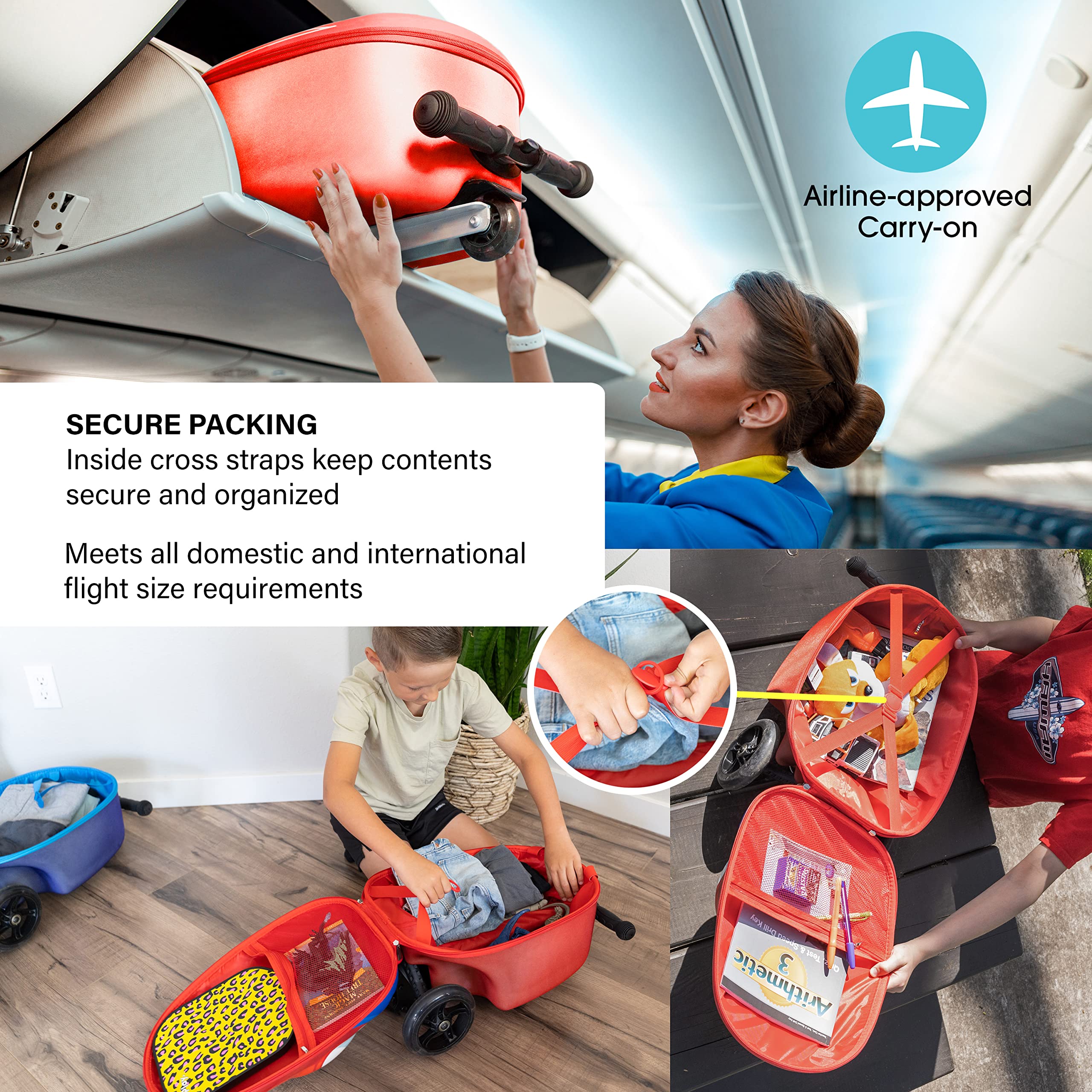 Kiddietotes 3D Hardside Scooter Ride-On Suitcase for Kids - Lightweight Wheeled Luggage with Fun LED Lights - Perfect for Air Travel, Road Trips & School Commutes