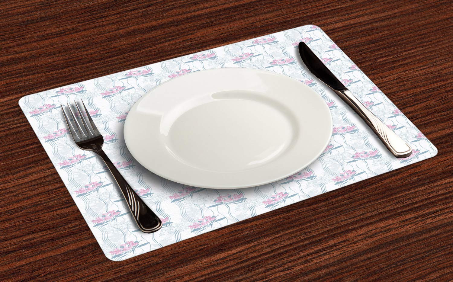 Ambesonne Floral Place Mats Set of 4 - Washable Fabric Dining Table Mats with Alstroemeria Flowers & Vertical Stripes, Blue Grey & Pale Pink - Perfect for Home Decor, Dinner Parties & Everyday Use