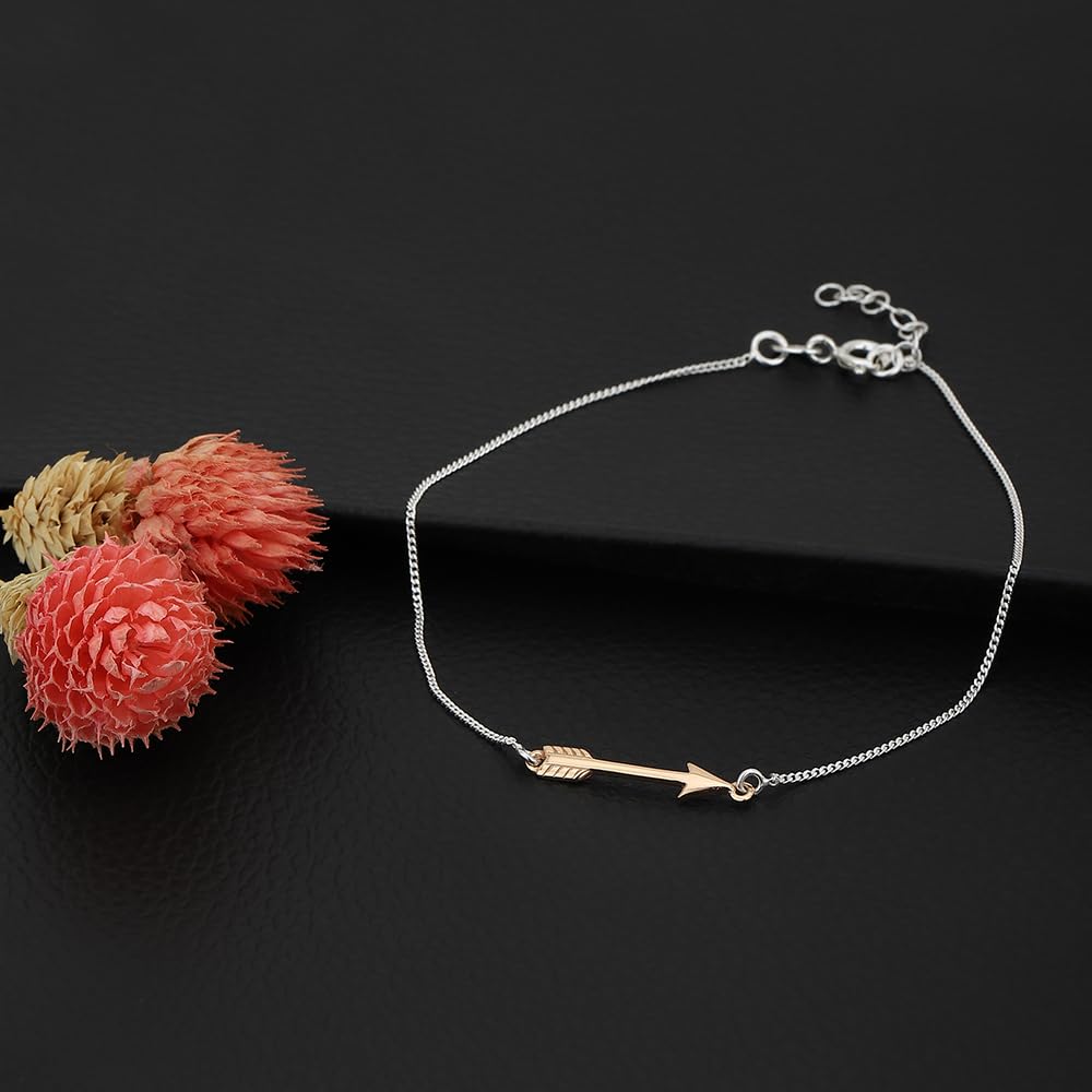 925 Sterling Silver Rose Gold Plated Arrow Charm Two-Tone Anklet for Women - Elegant Handcrafted Adjustable Chain Ankle Bracelet (9