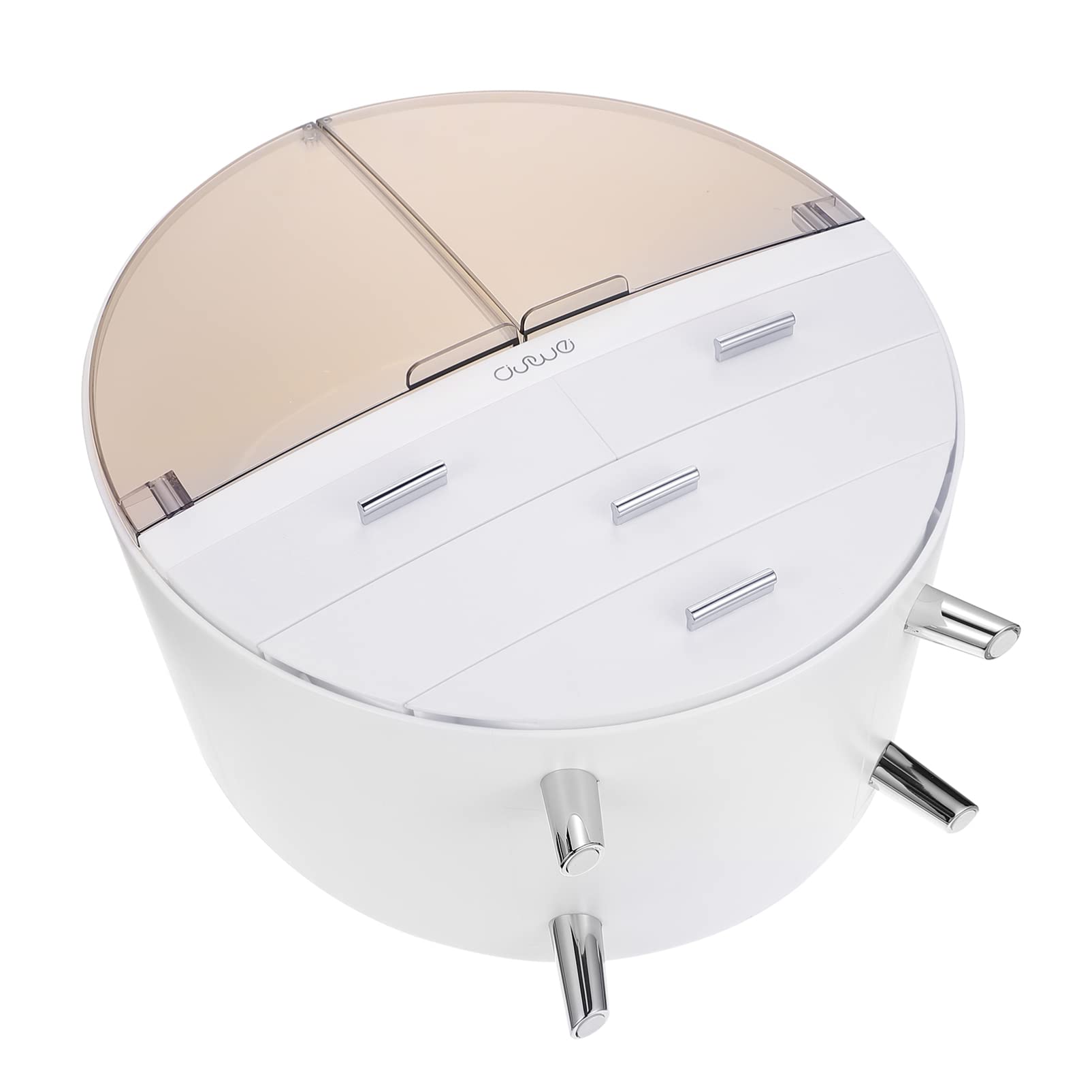 Beaupretty Makeup Organizer Box with Drawers - Round Light Grey Cosmetic Storage Display Case for Vanity, Bathroom & Travel - Portable Desktop Makeup Storage Solution for Brushes, Lipsticks & Beauty Products