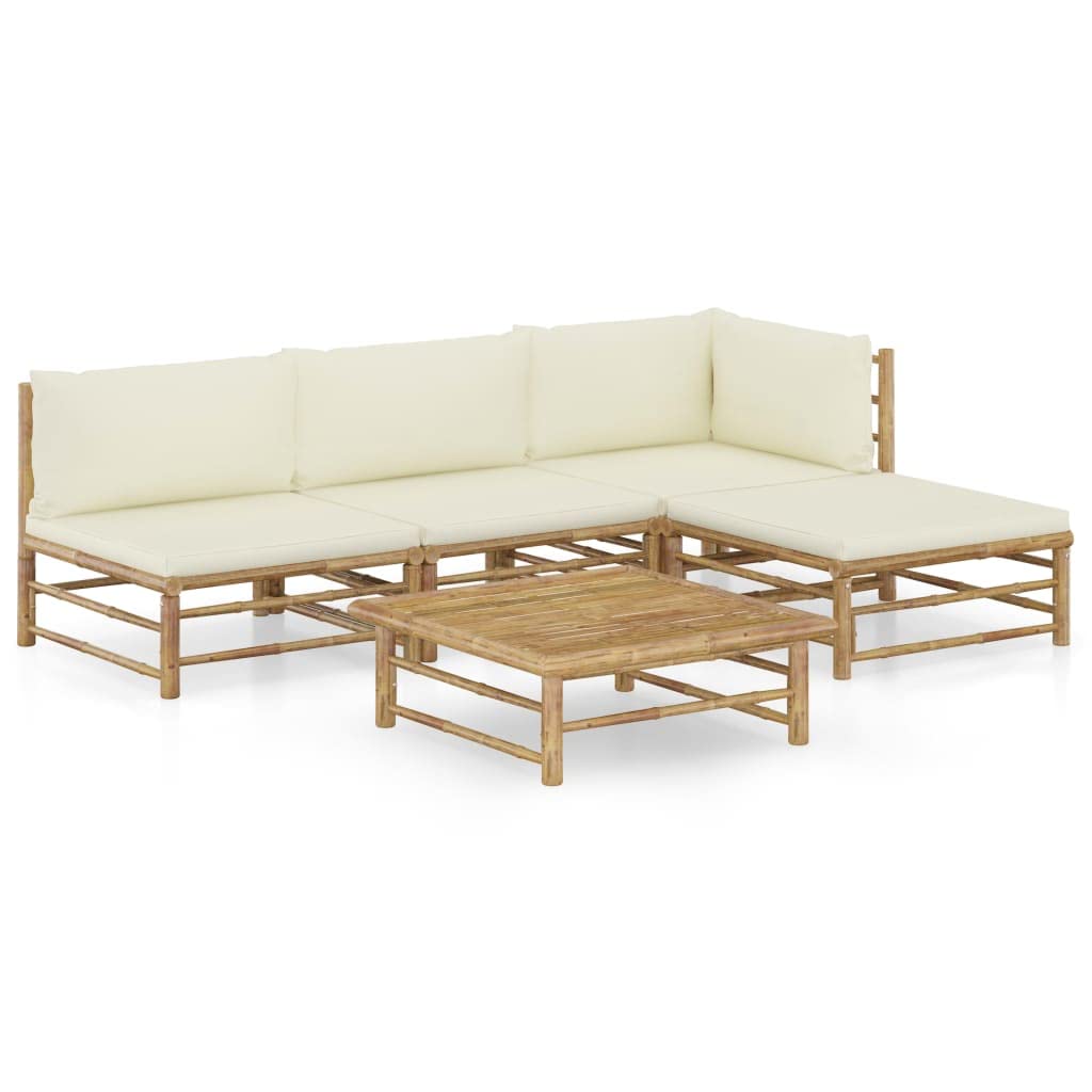 vidaXL 5-Piece Bamboo Patio Lounge Set with Cream White Cushions - Lightweight Outdoor Furniture for Garden, Poolside & Backyard - Comfortable, Weather-Resistant & Easy to Clean