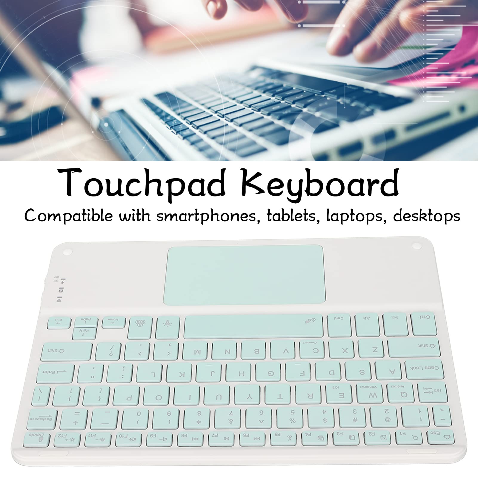 10 Inch Ultra Silent Portable Bluetooth Keyboard with Touchpad - Mini Ergonomic Keyboard for Laptop, Tablet, Smartphone, Computer (Cyan) - Perfect for Home, Office, and Travel Use